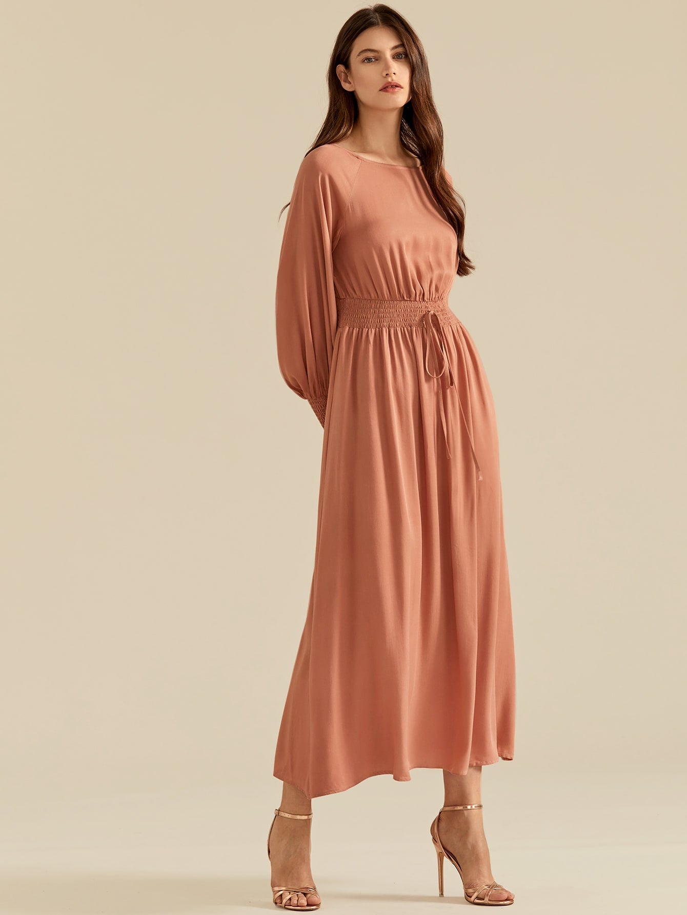Shirred Panel Tie Front Raglan Lantern Sleeve Dress