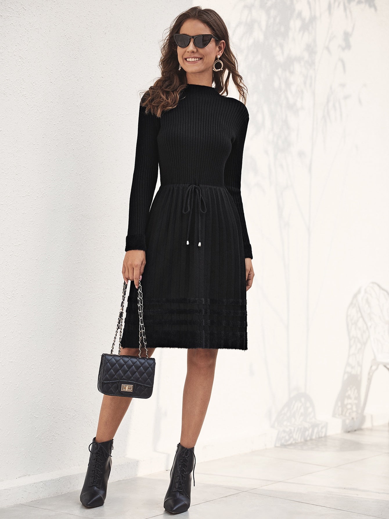 Mock Neck Drawstring Waist Pleated Hem Sweater Dress