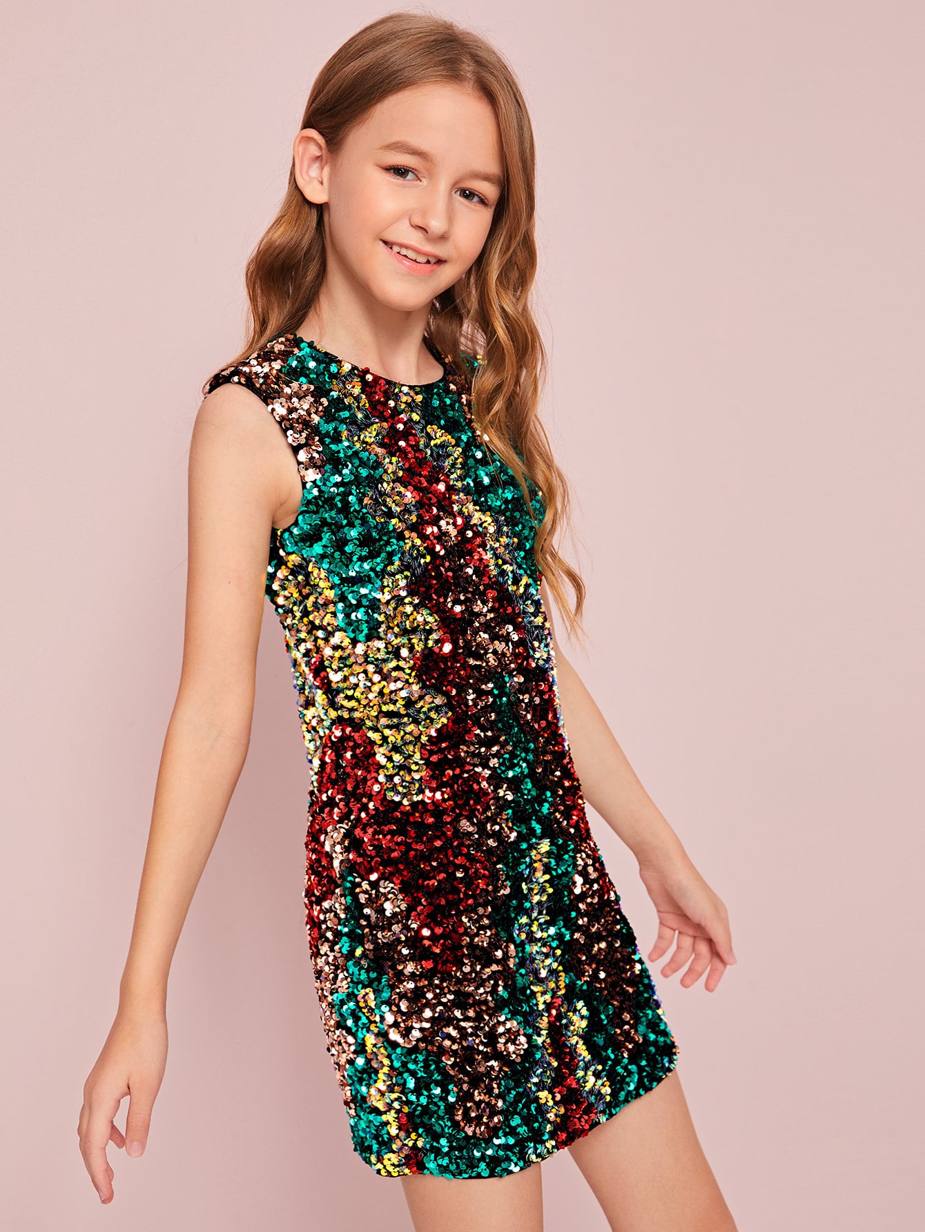 Girls Zipper Back Sleeveless Sequin Dress