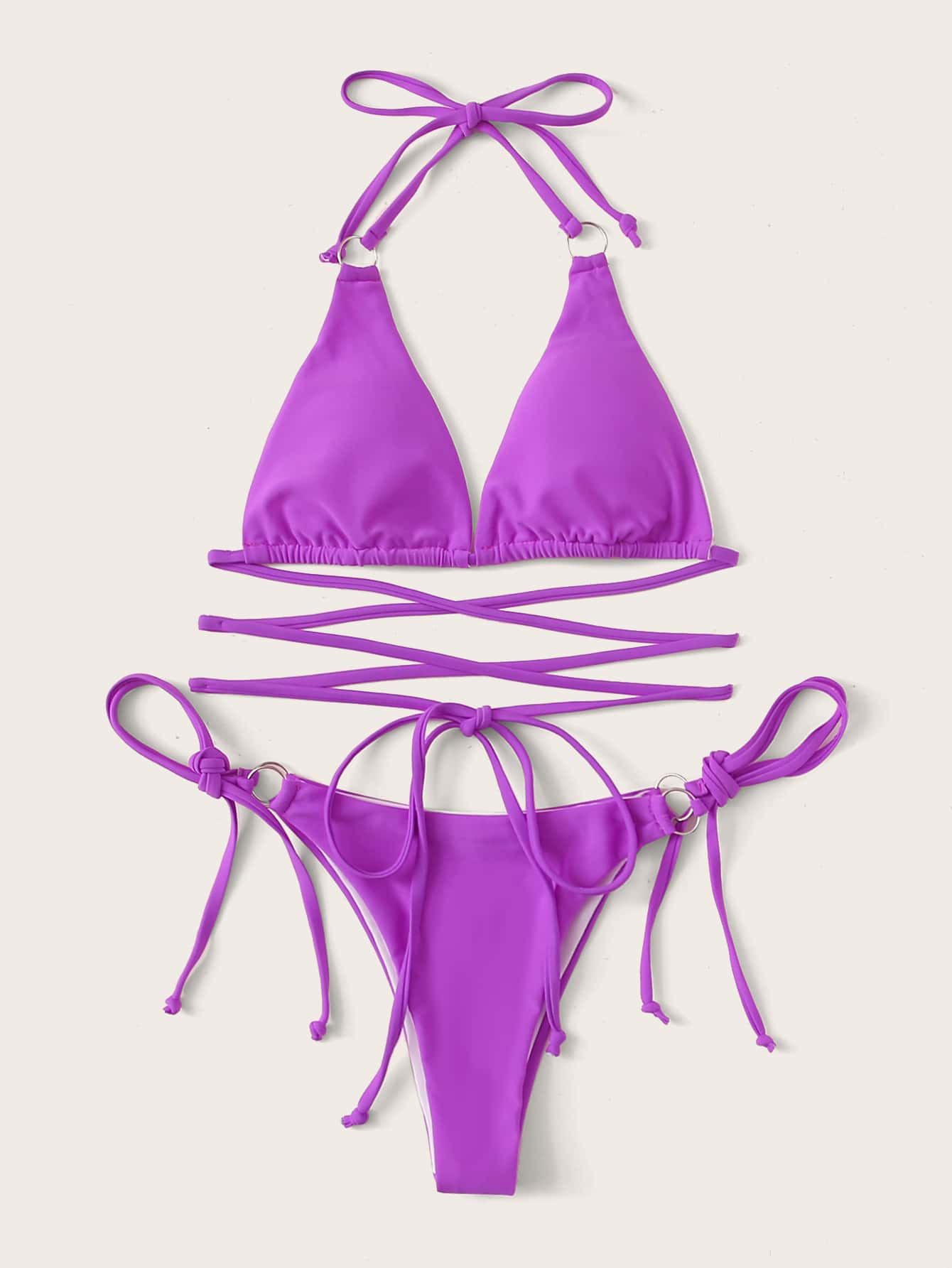 Ring Linked Triangle Top With Tie Side Bikini Set