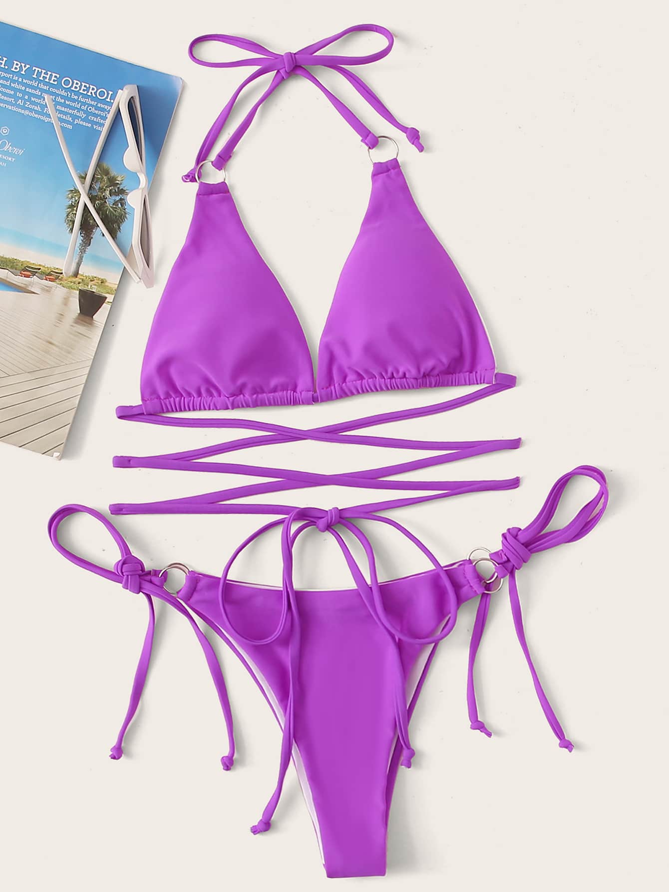 Ring Linked Triangle Top With Tie Side Bikini Set