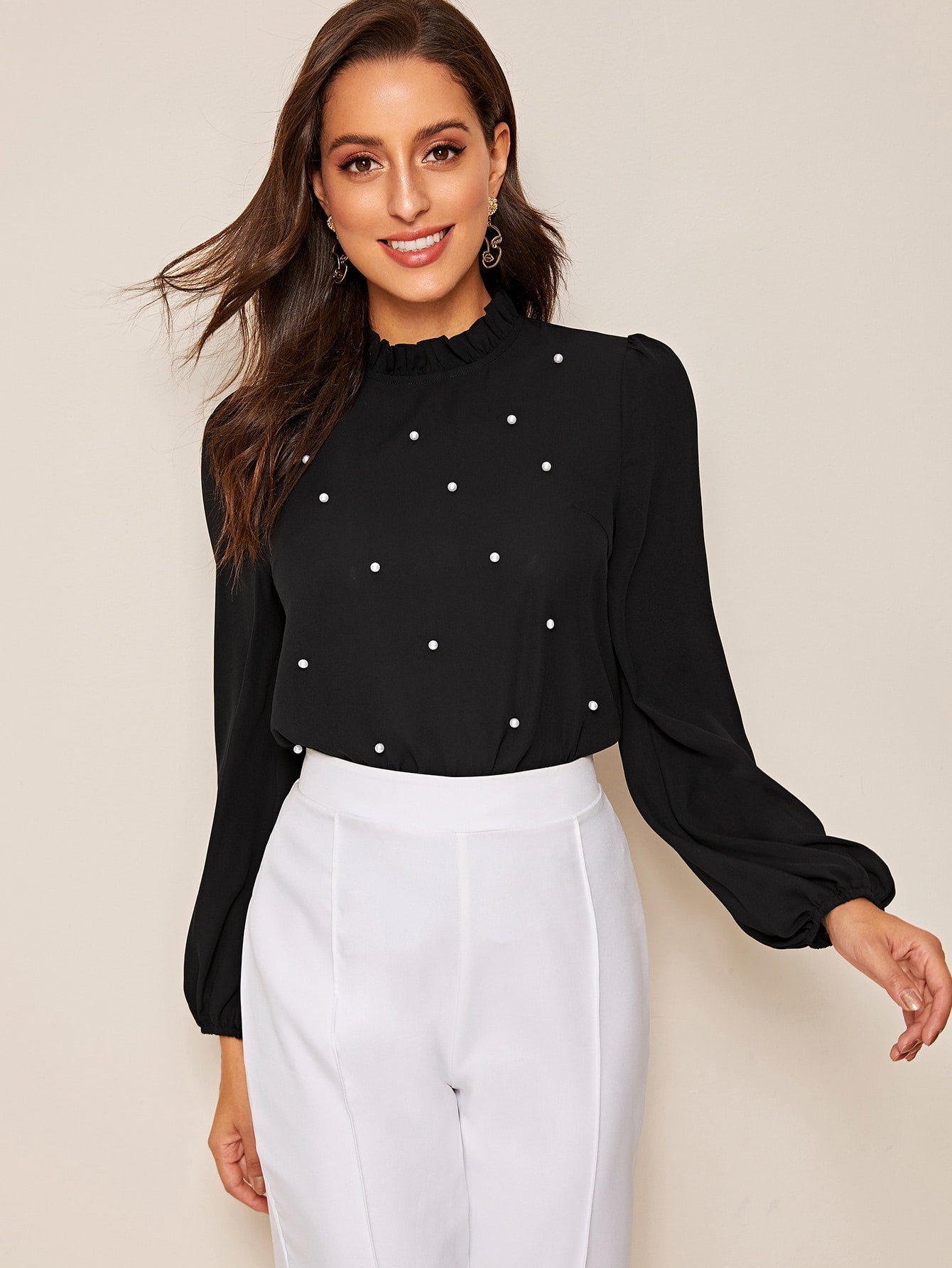 Ruffle Trim Pearls Beaded Top