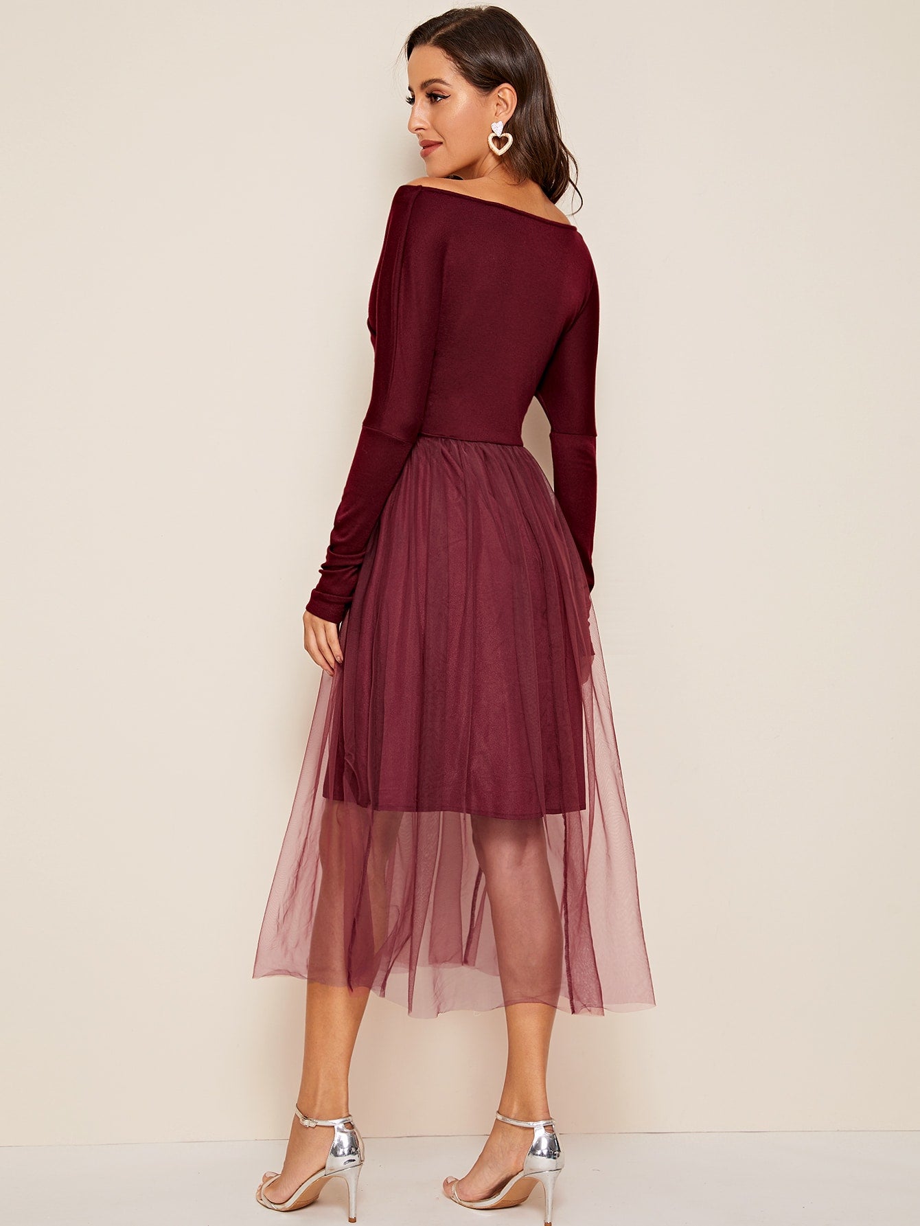 Off Shoulder Wrap Front Mesh Overlay Dress