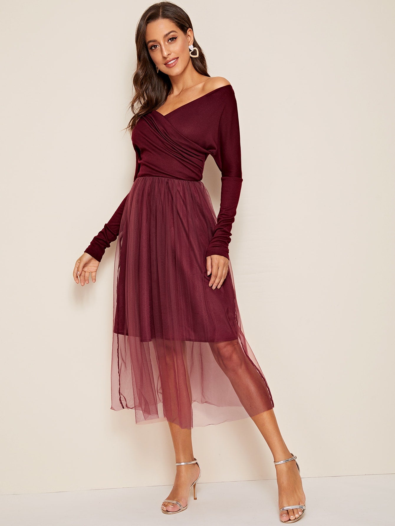 Off Shoulder Wrap Front Mesh Overlay Dress