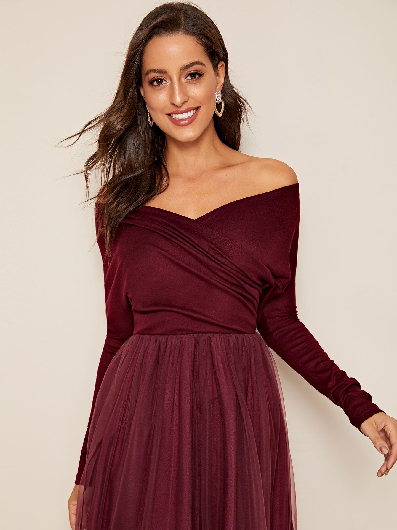Off Shoulder Wrap Front Mesh Overlay Dress