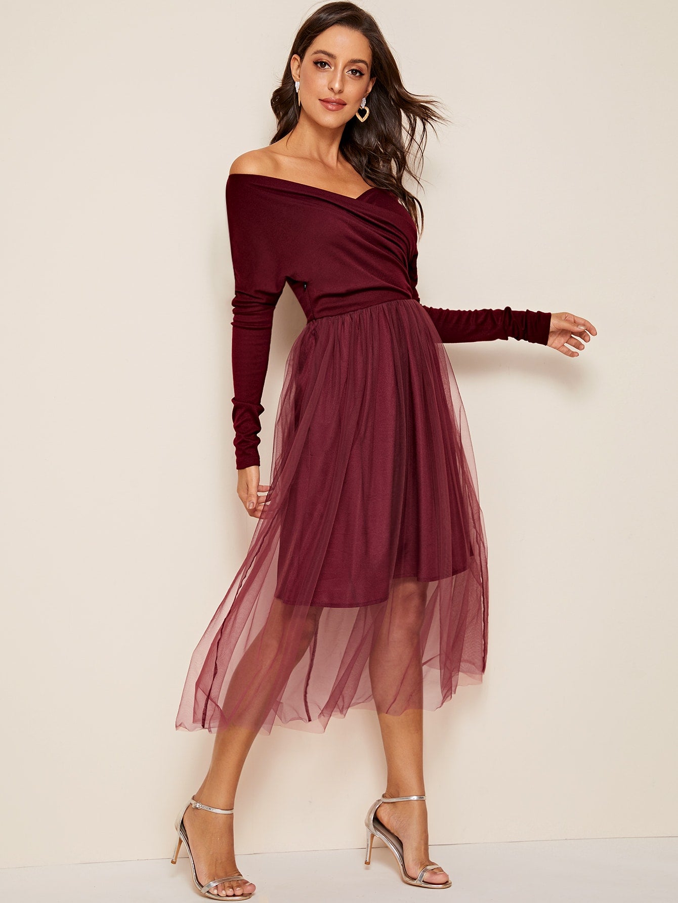 Off Shoulder Wrap Front Mesh Overlay Dress