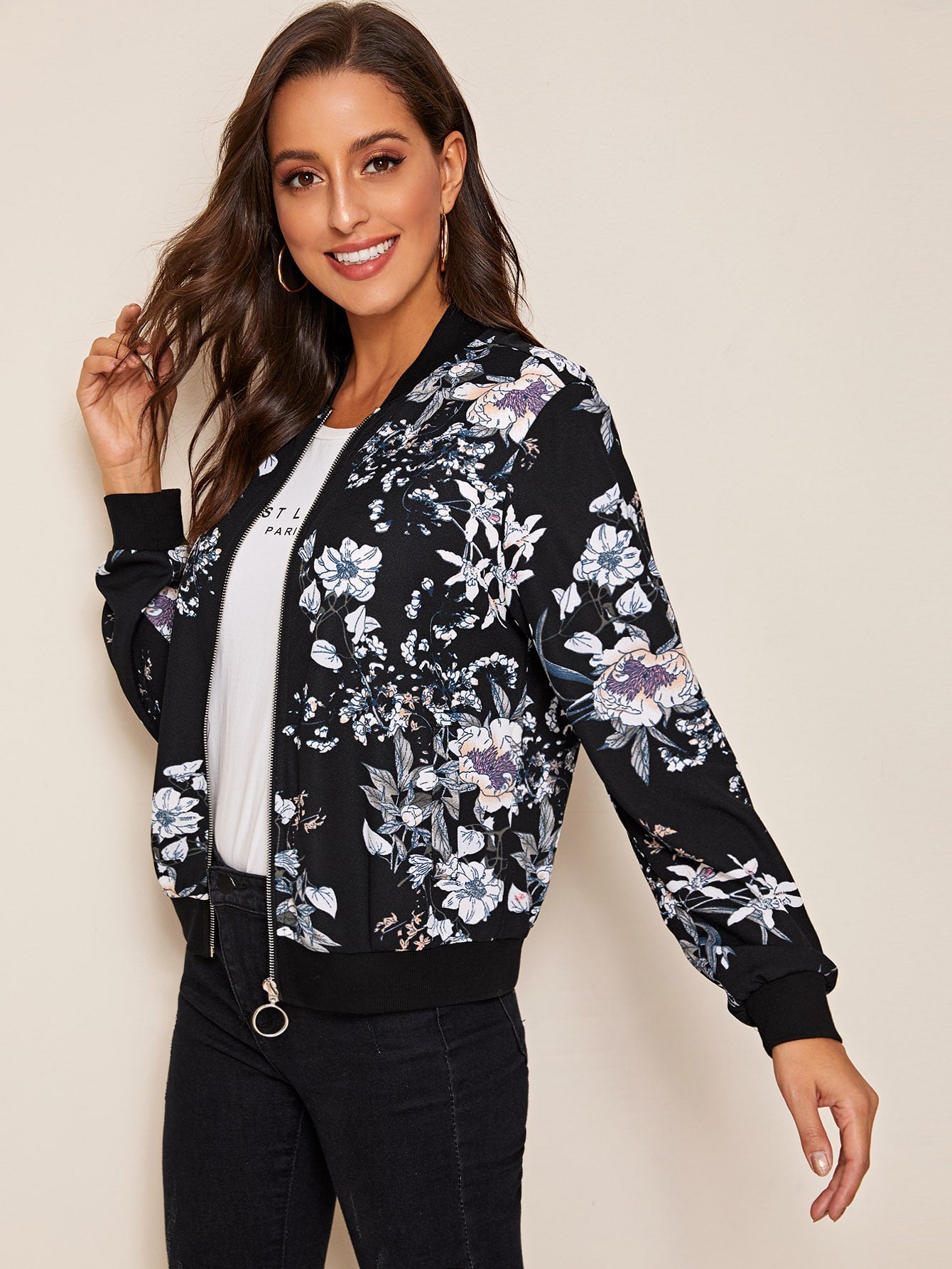 Zip Up Floral Print Bomber Jacket
