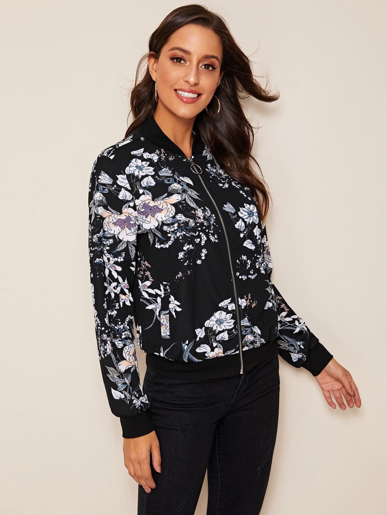 Zip Up Floral Print Bomber Jacket