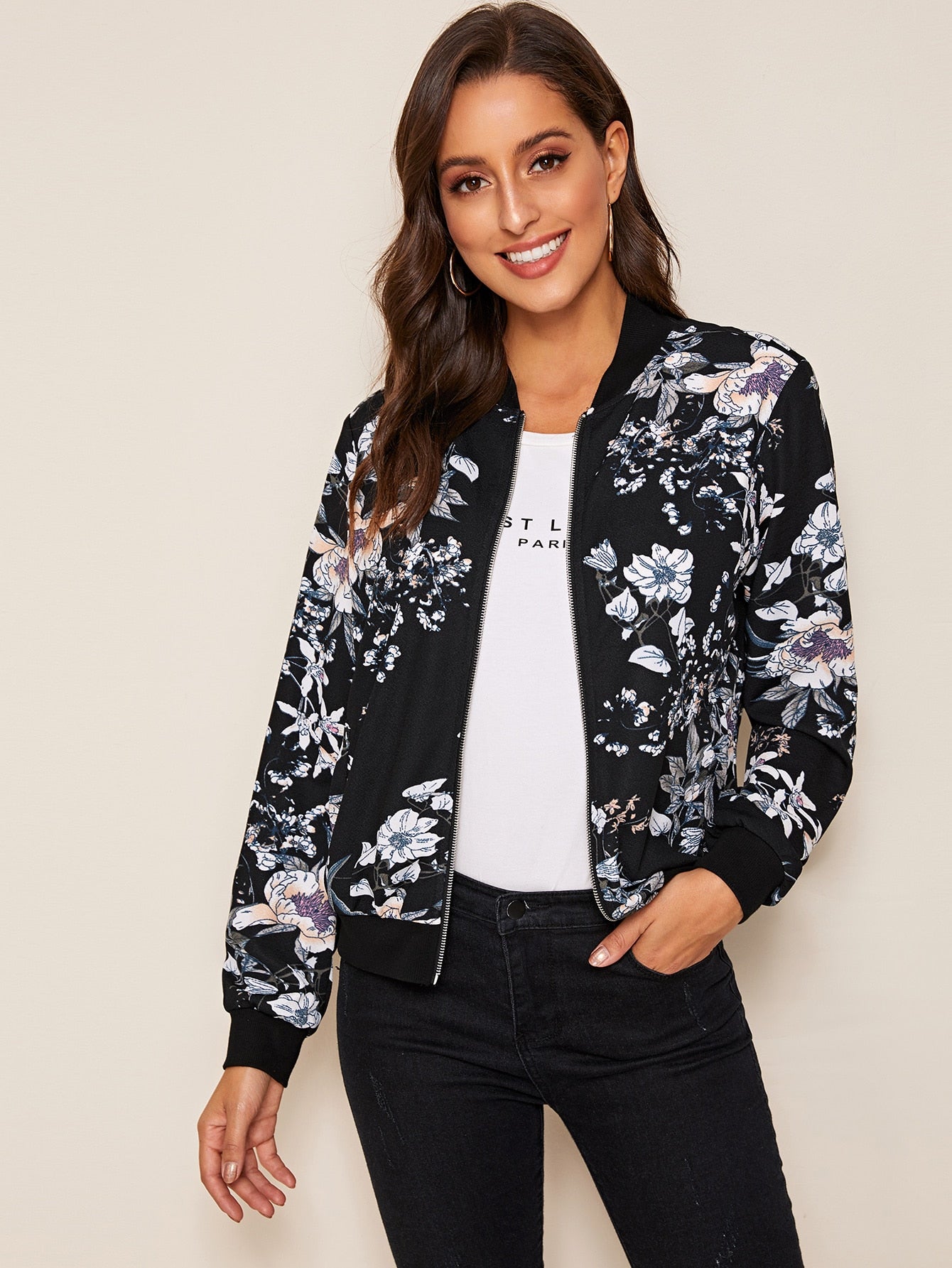 Zip Up Floral Print Bomber Jacket