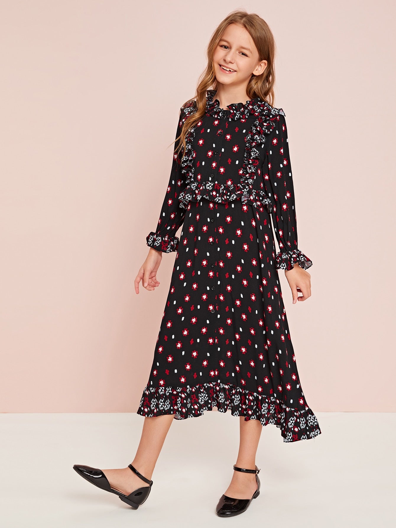 Girls Floral Print Ruffle Trim Shirt Dress