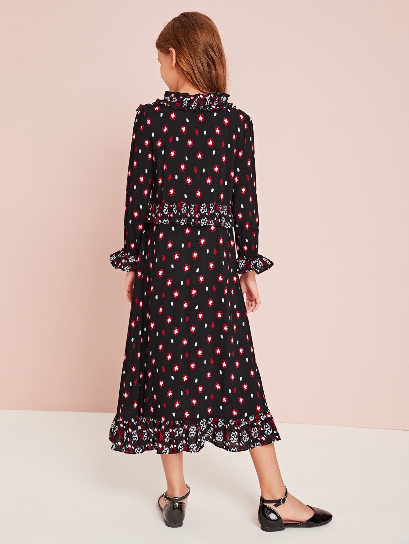 Girls Floral Print Ruffle Trim Shirt Dress