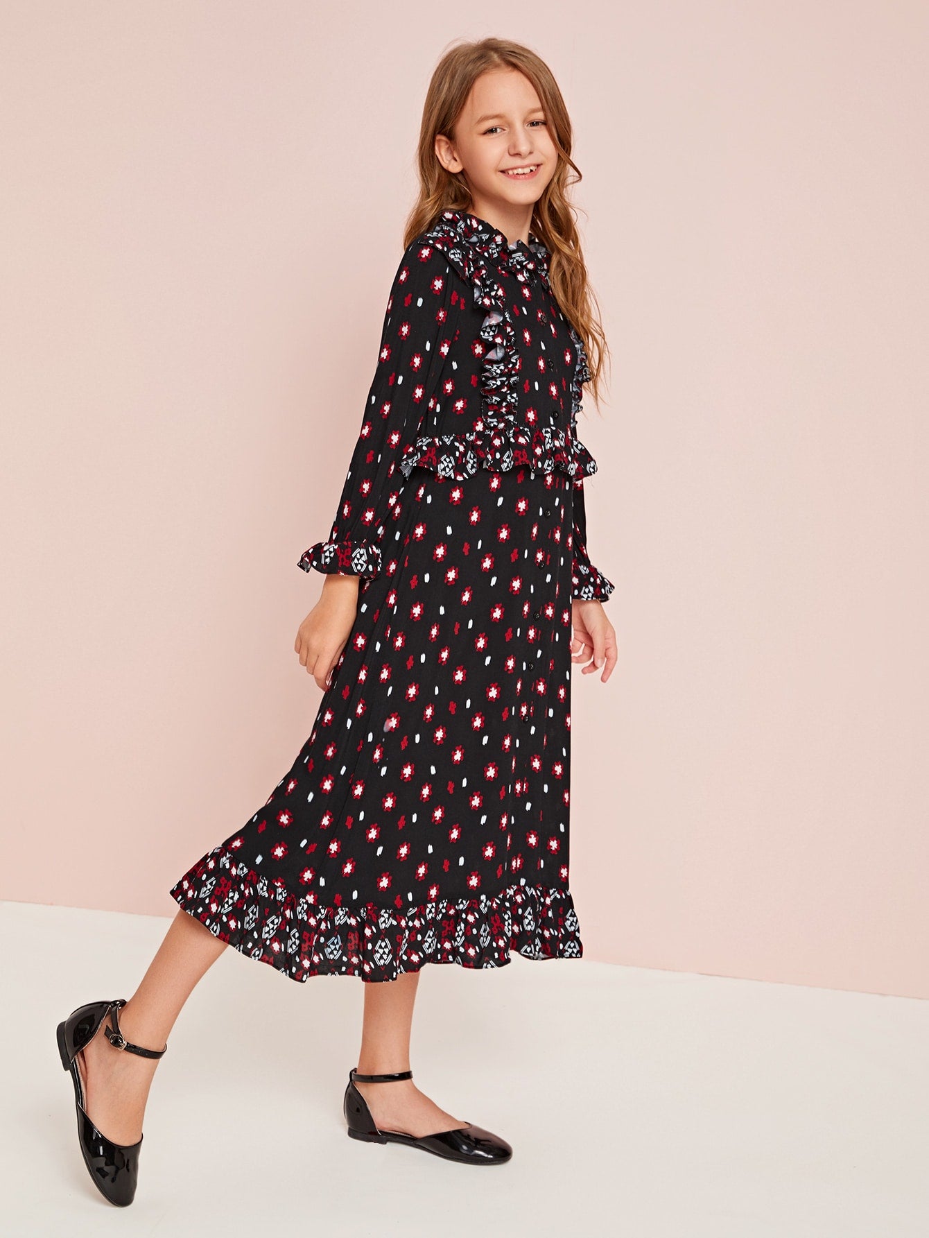 Girls Floral Print Ruffle Trim Shirt Dress
