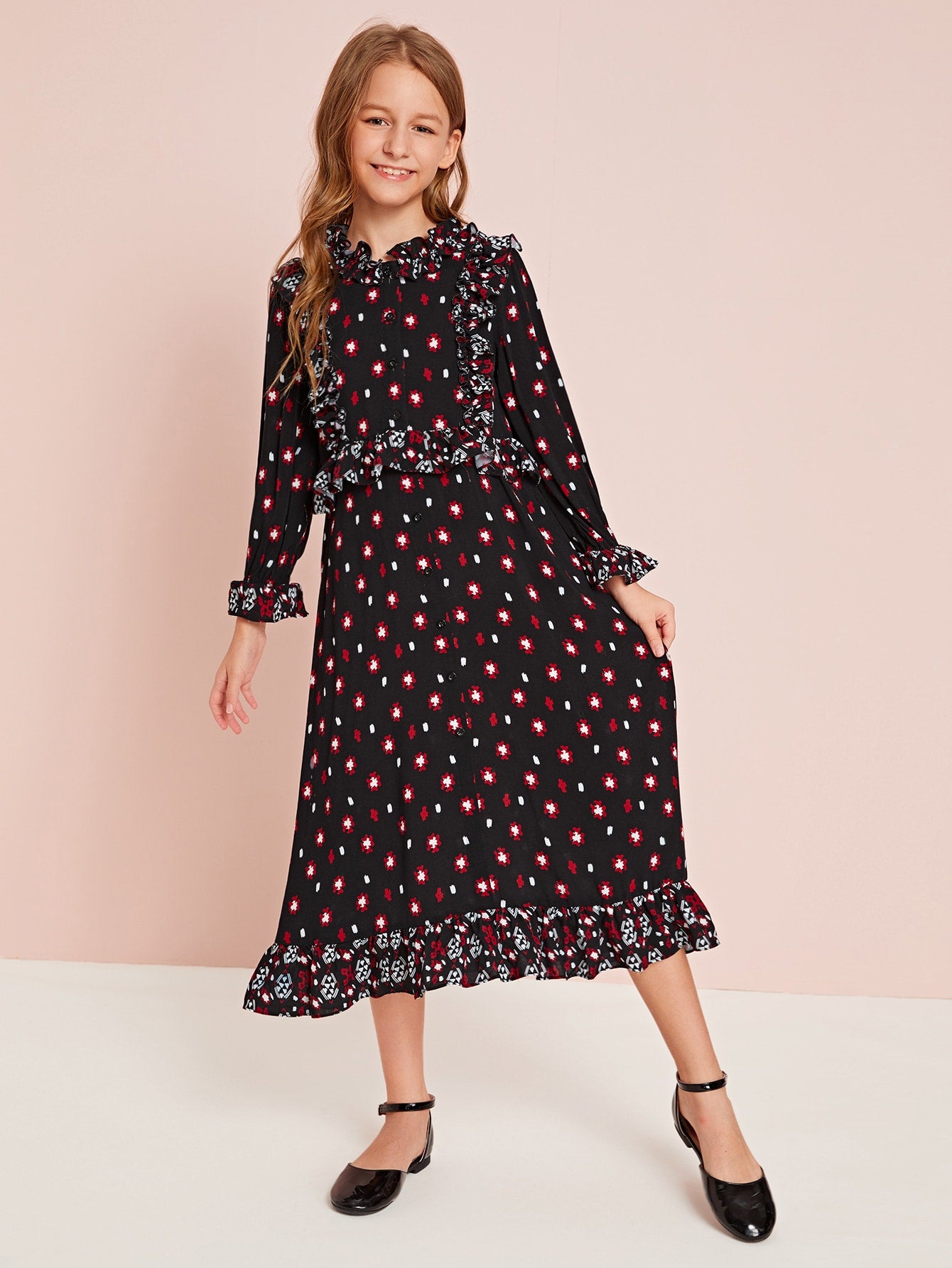Girls Floral Print Ruffle Trim Shirt Dress