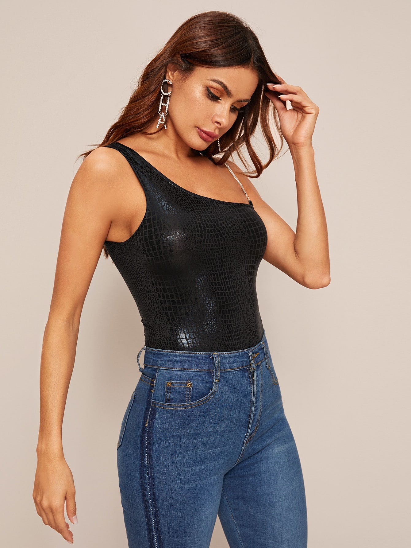 Asymmetrical Neck Crocodile Embossed Bodysuit With Rhinestone Strap