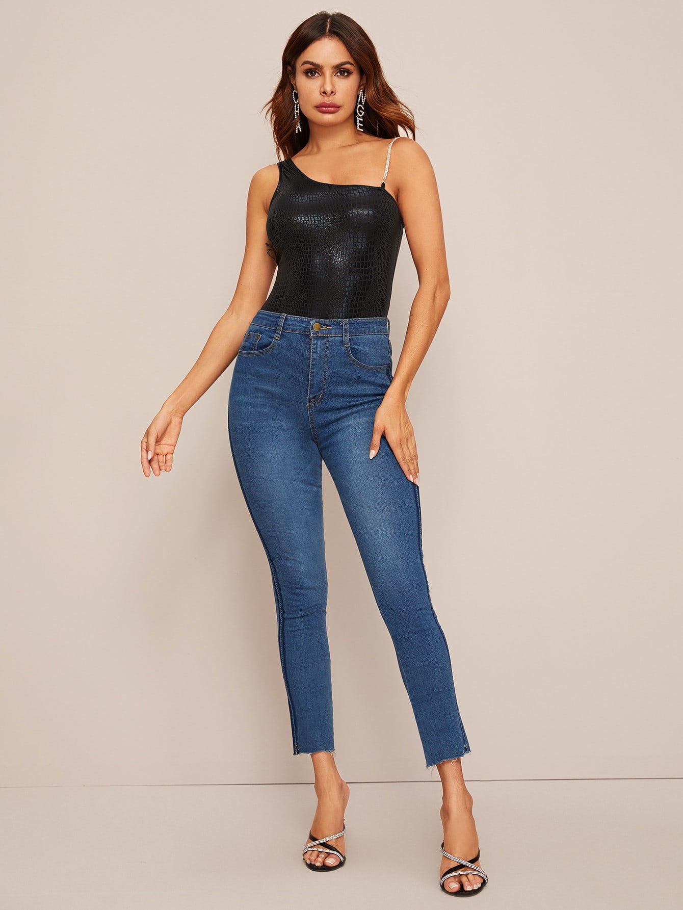 Asymmetrical Neck Crocodile Embossed Bodysuit With Rhinestone Strap