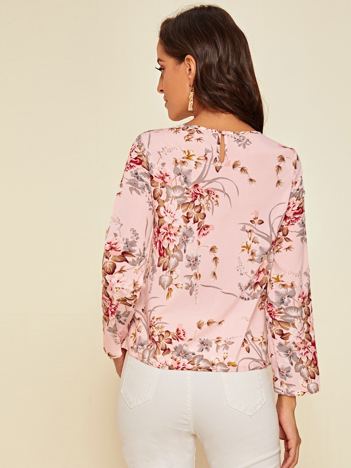Floral Print Roll Tab Sleeve Top