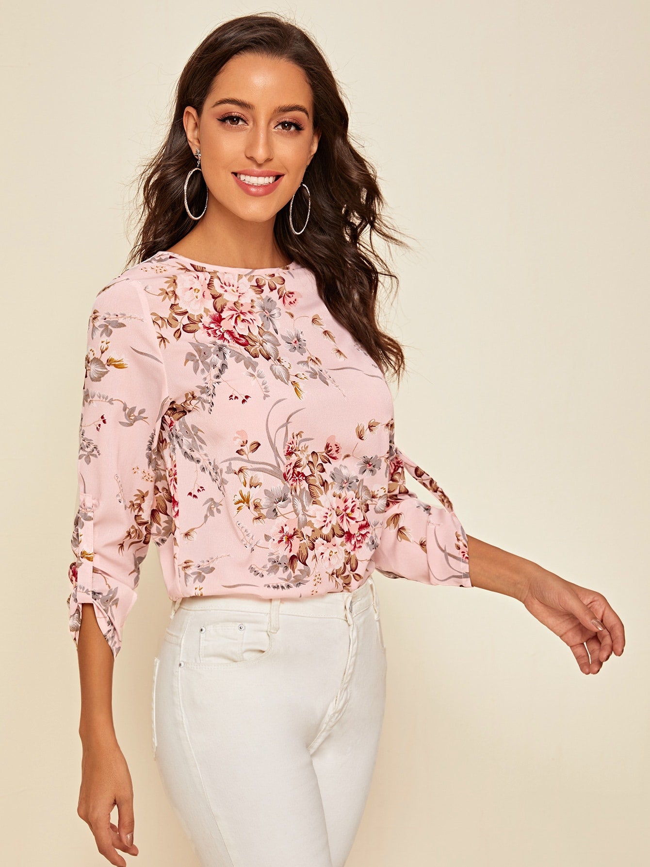 Floral Print Roll Tab Sleeve Top