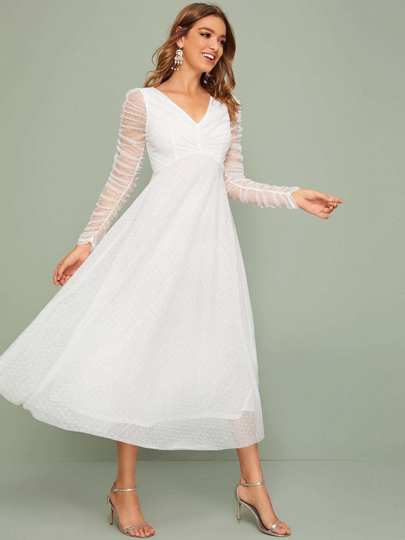 Ruched Detail Leg-of-mutton Sleeve Dobby Mesh Overlay Dress