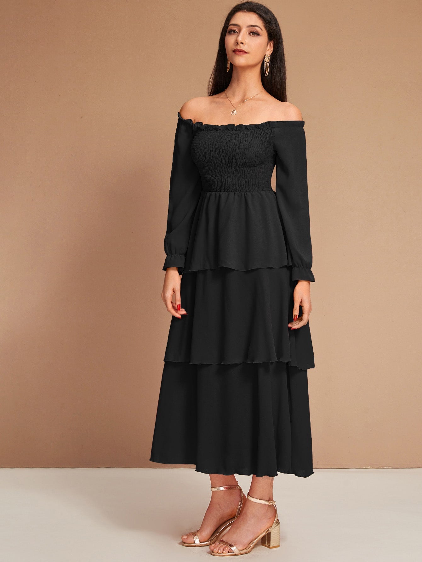 Off Shoulder Frill Trim Shirred Layered Dress