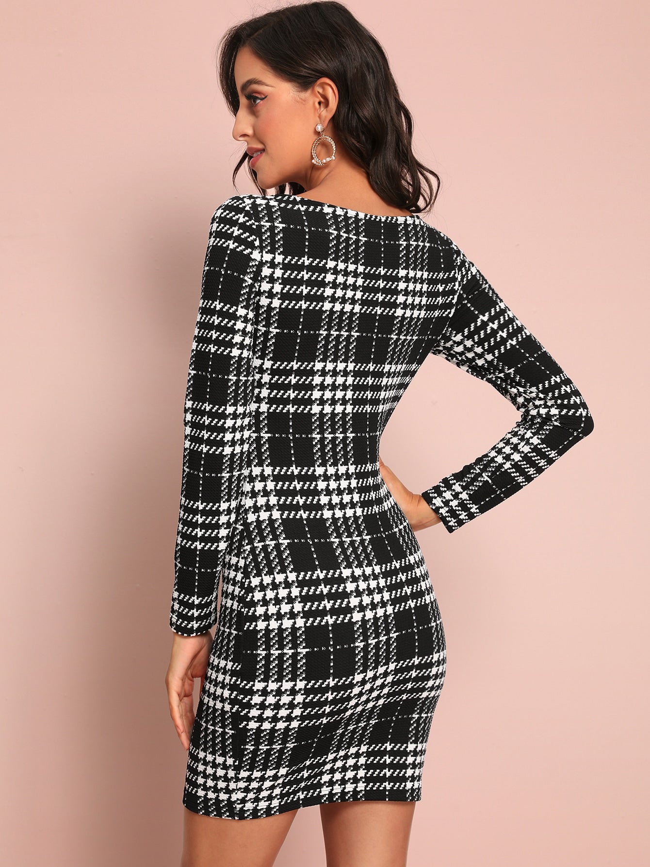 Square Neck Plaid Bodycon Dress