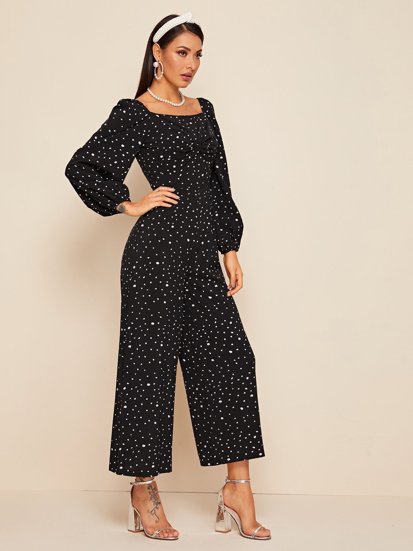 Square Neck Twist Front Dalmatian Print Jumpsuit