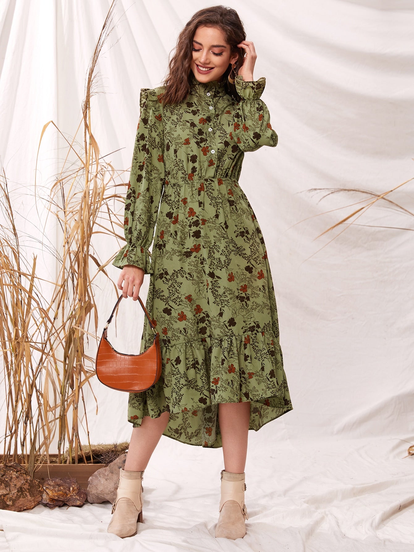 Floral Print Frill Mock Neck Dress Without Belt