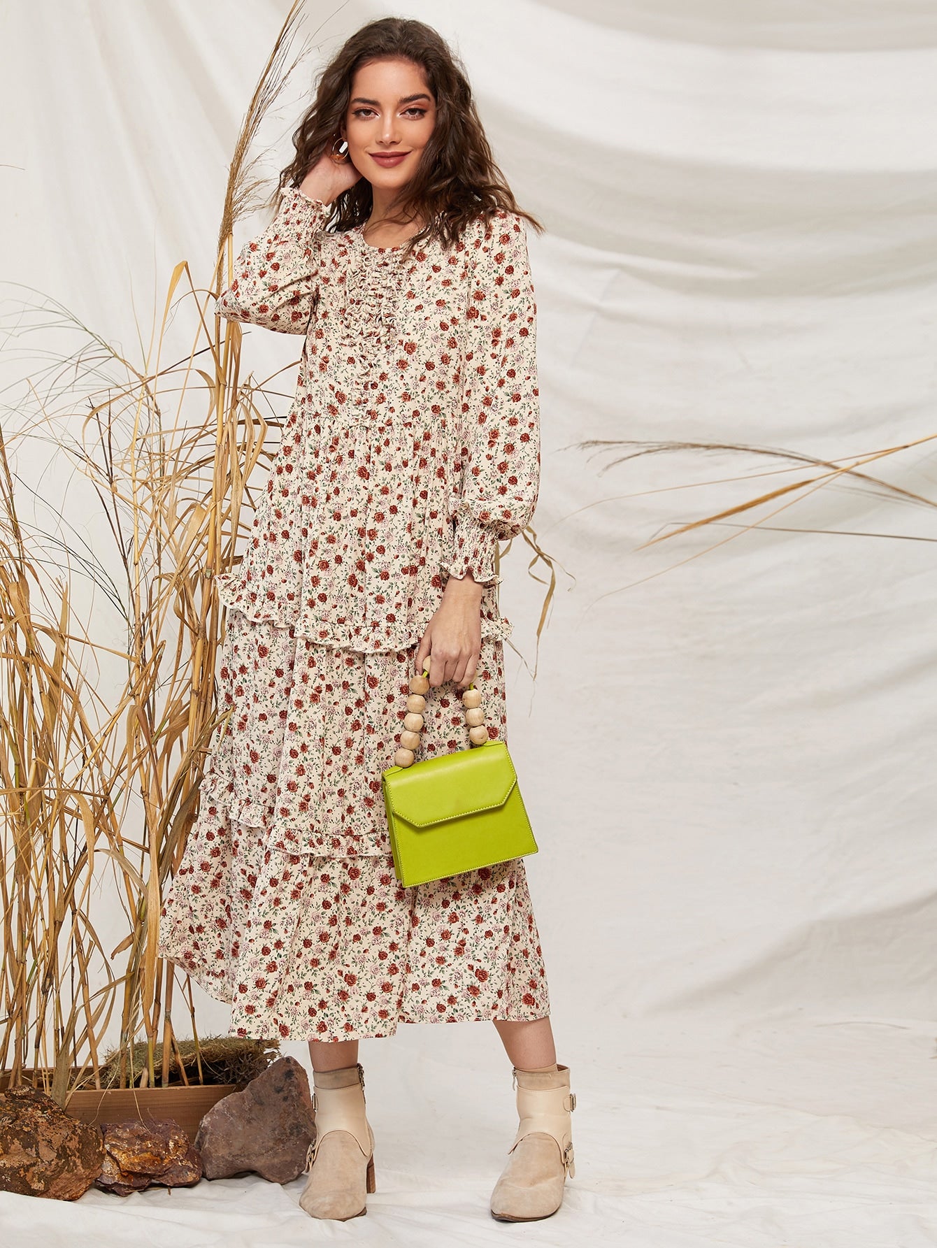 Ditsy Floral Print Frill Trim Dress Without Belt