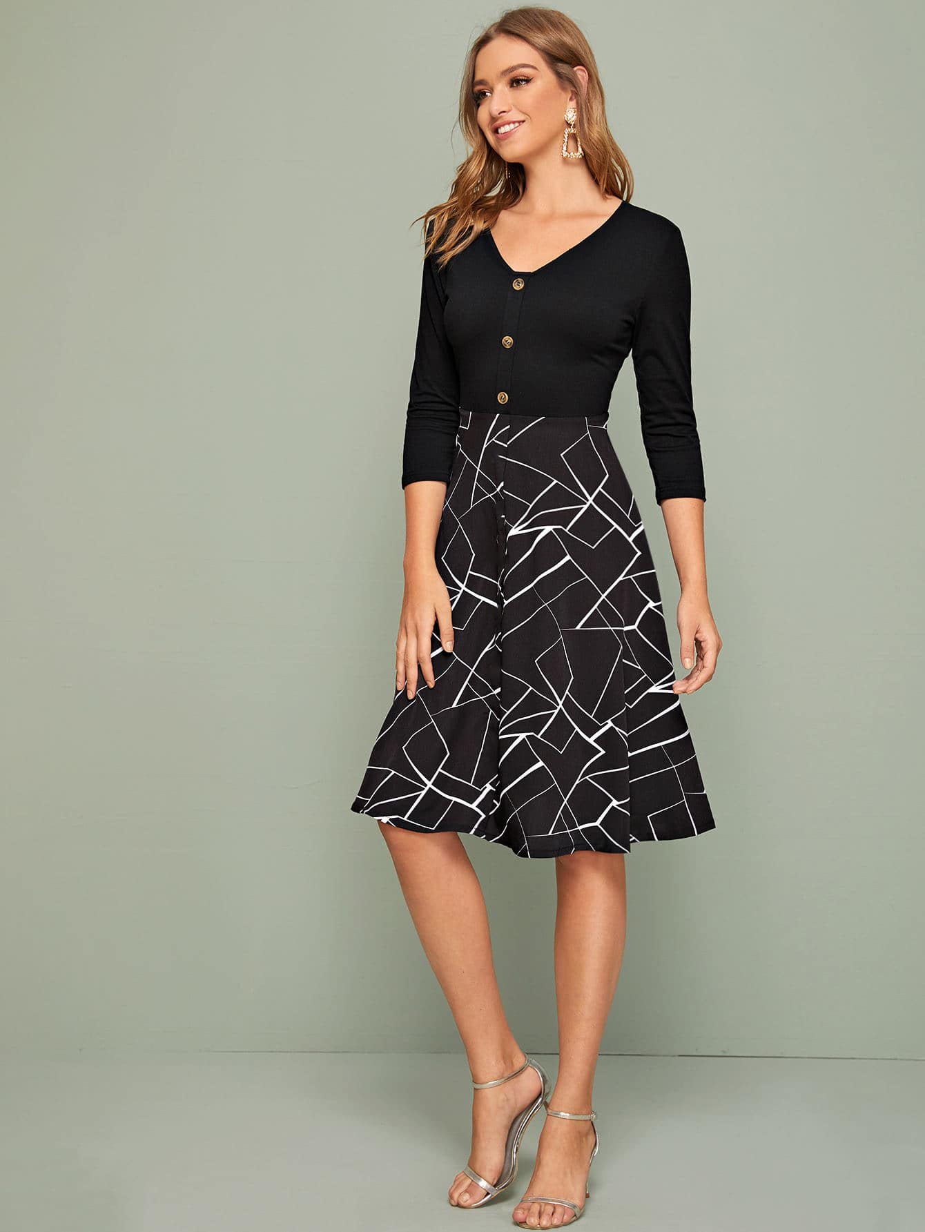 Geo Panel Button Front A-Line Dress