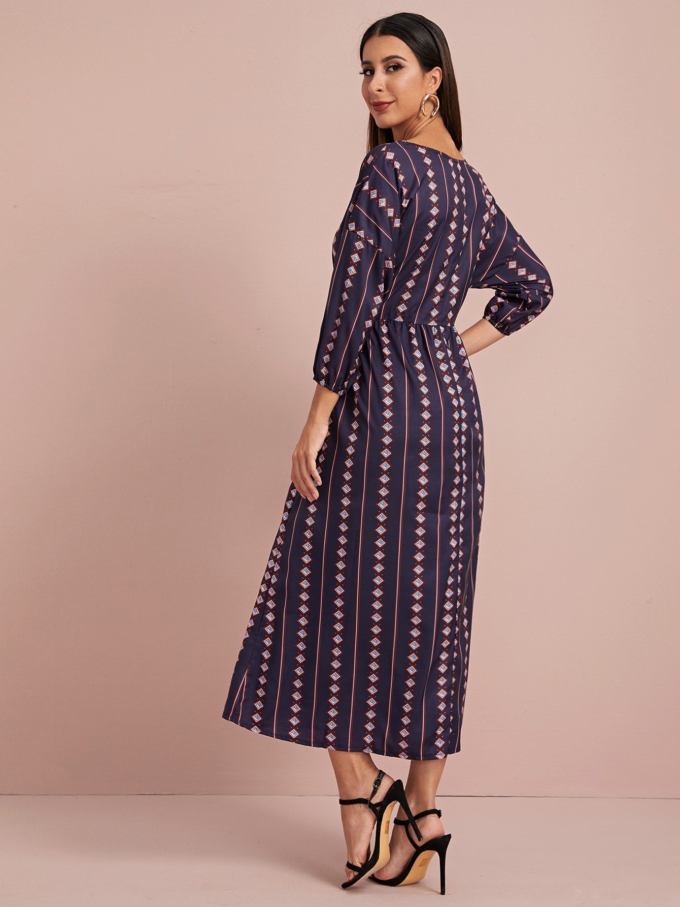 Self Tie Aztec Print A-Line Dress