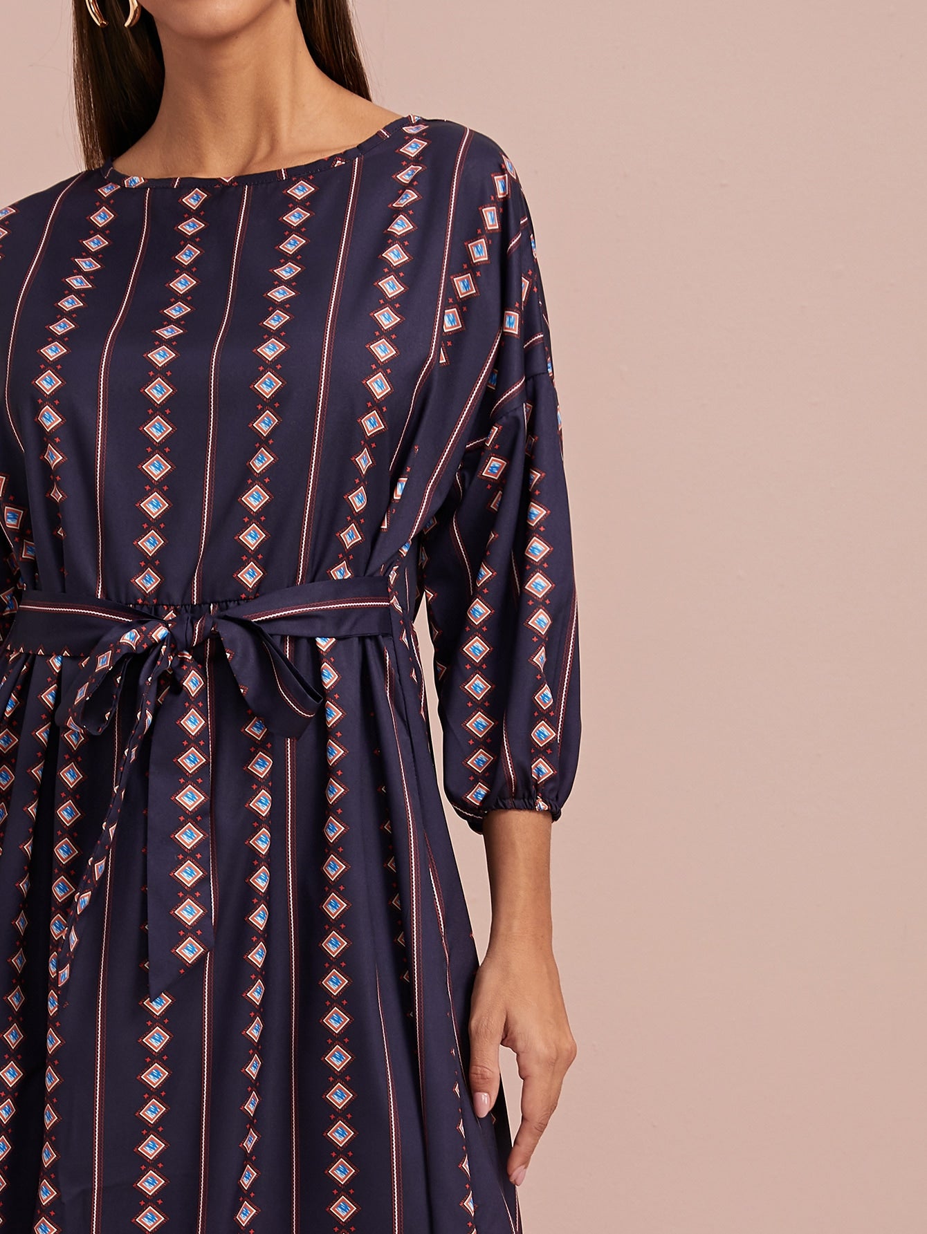 Self Tie Aztec Print A-Line Dress