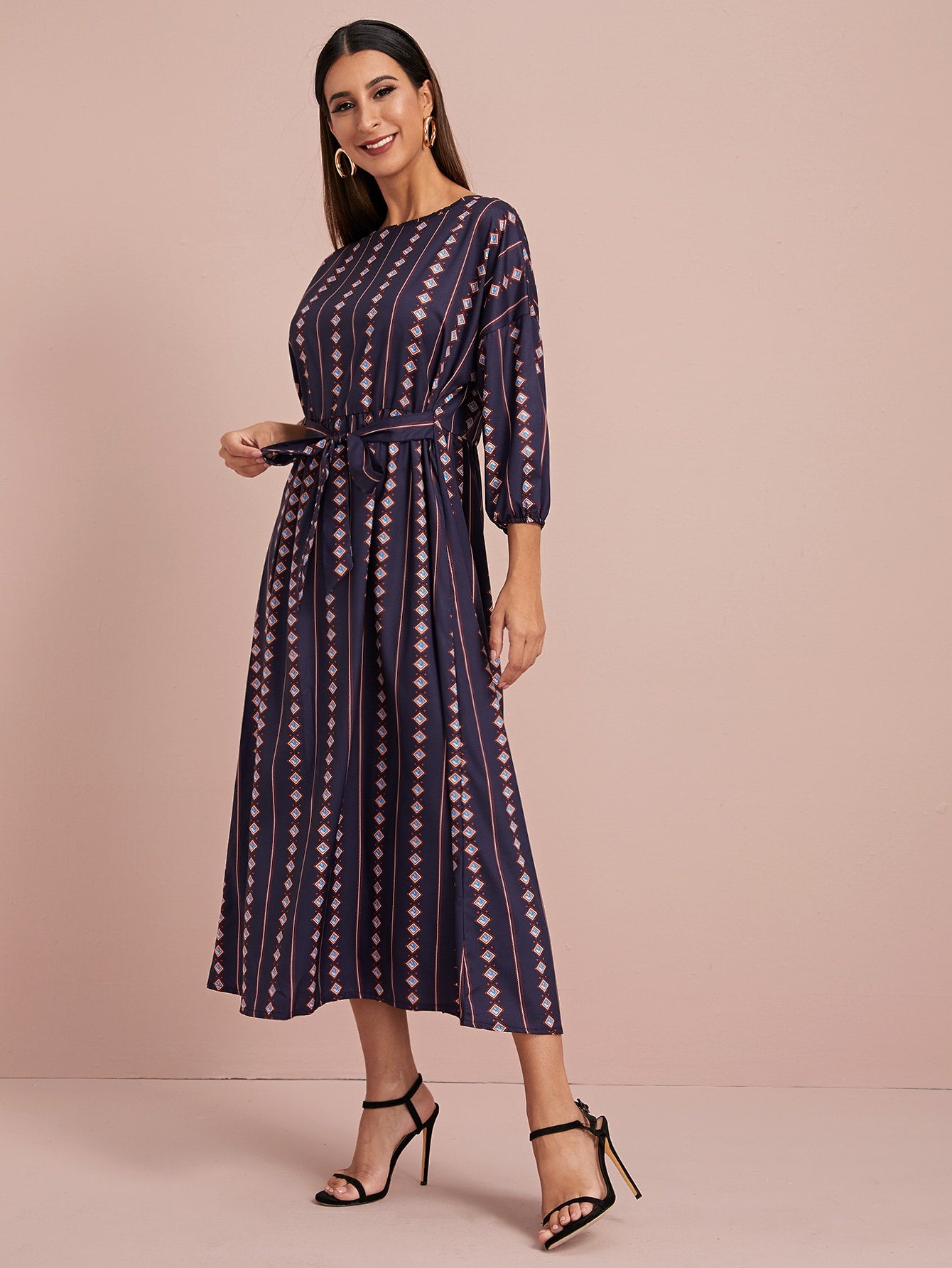 Self Tie Aztec Print A-Line Dress