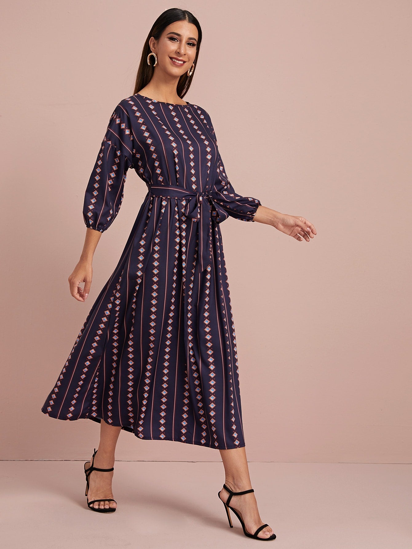 Self Tie Aztec Print A-Line Dress