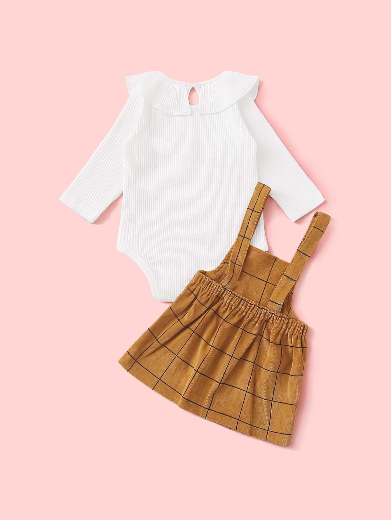Baby Girl Ruffle Rib-knit Romper With Plaid Corduroy Dress