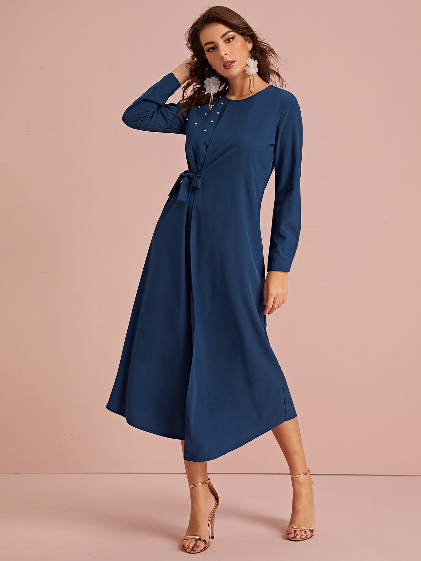 Keyhole Back Tie Front Pearls Detail Wrap Dress