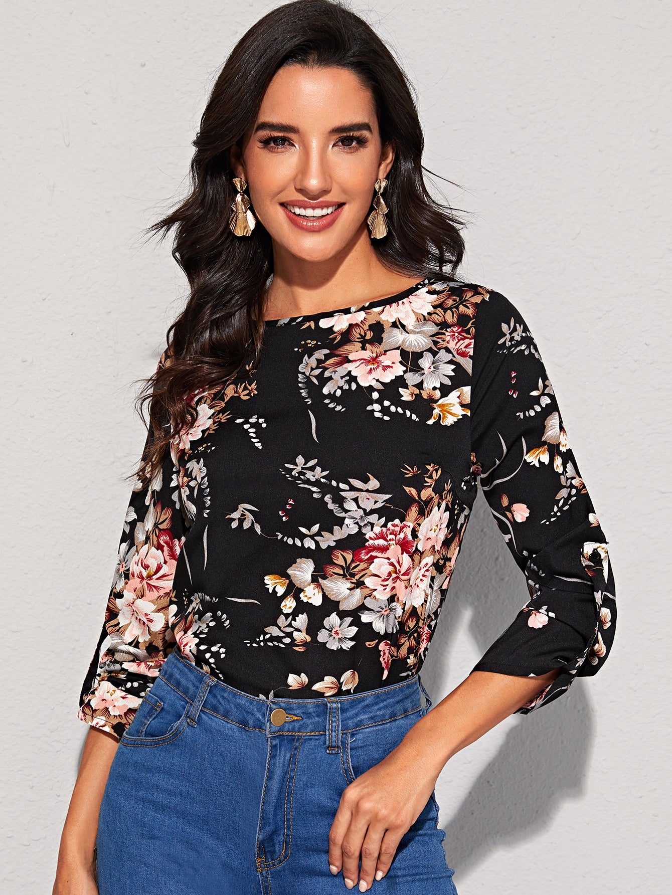 Floral Print Roll Tab Sleeve Top