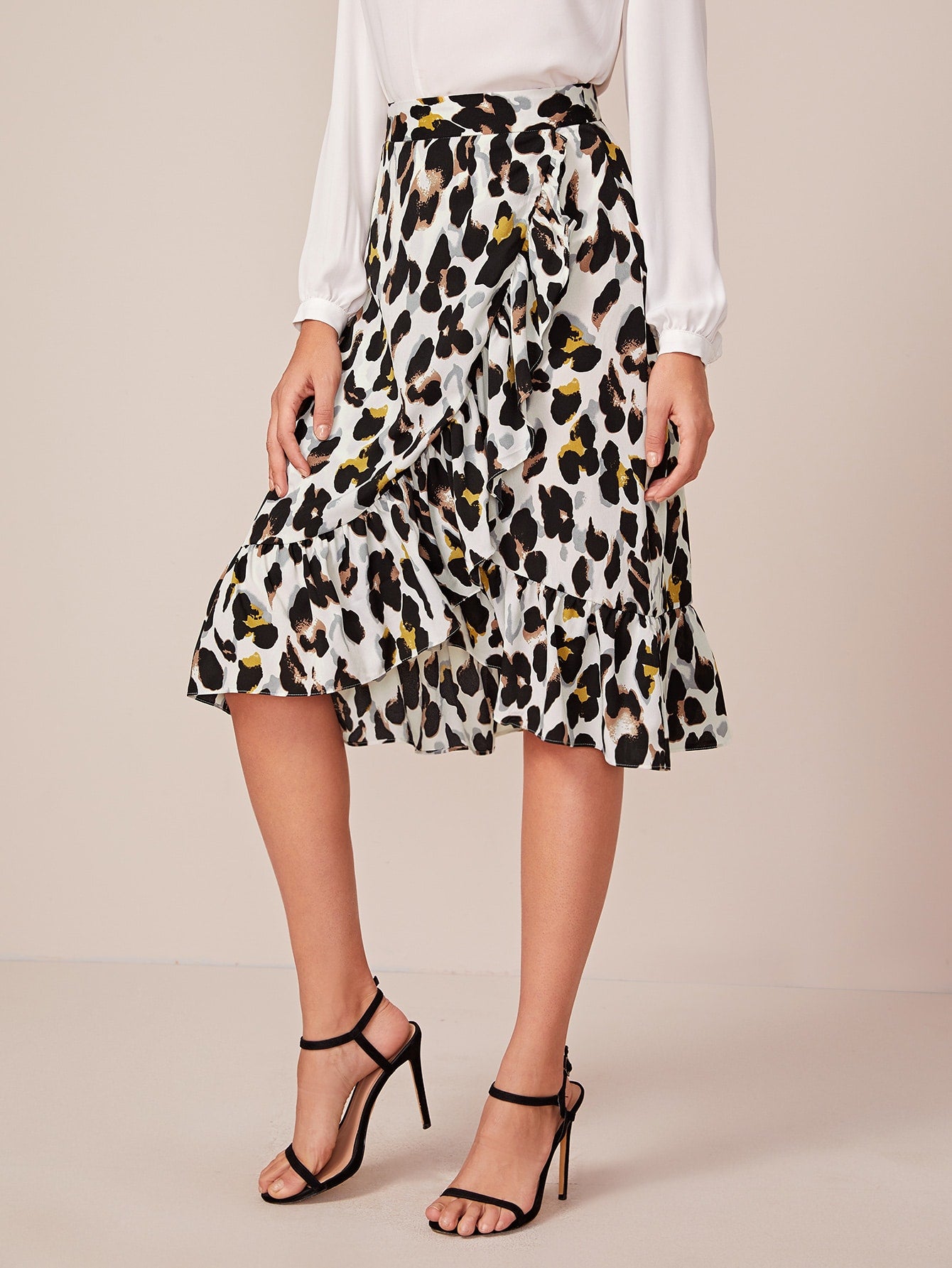 Allover Print Asymmetrical Ruffle Hem Skirt