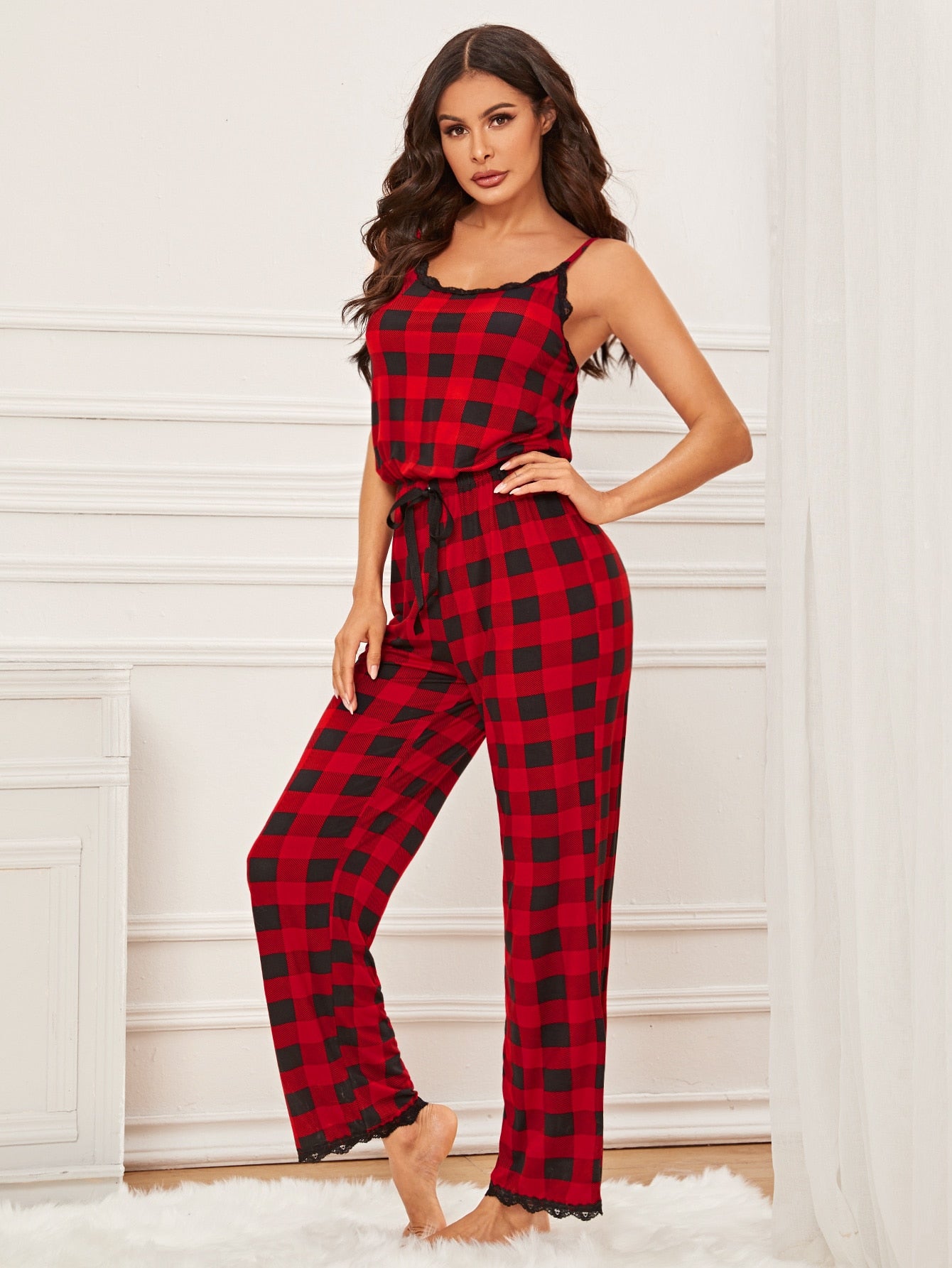 Buffalo Plaid Contrast Lace Cami Jumpsuit