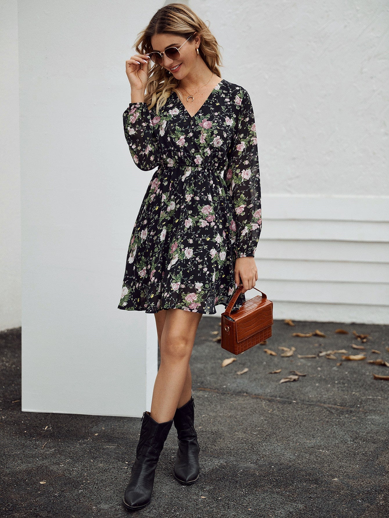 Floral Print V-Neck Chiffon Dress
