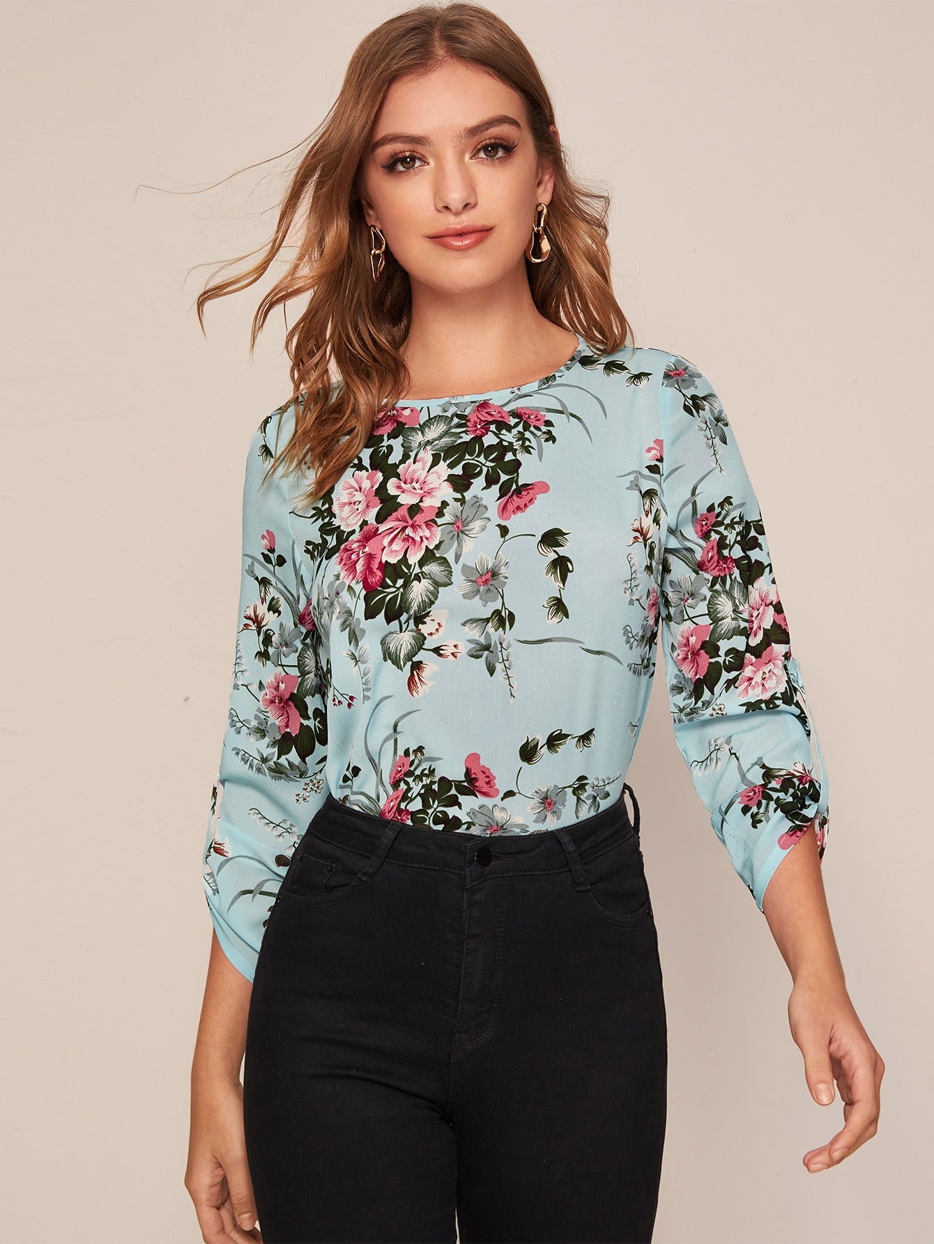 Floral Print Roll Tab Sleeve Top
