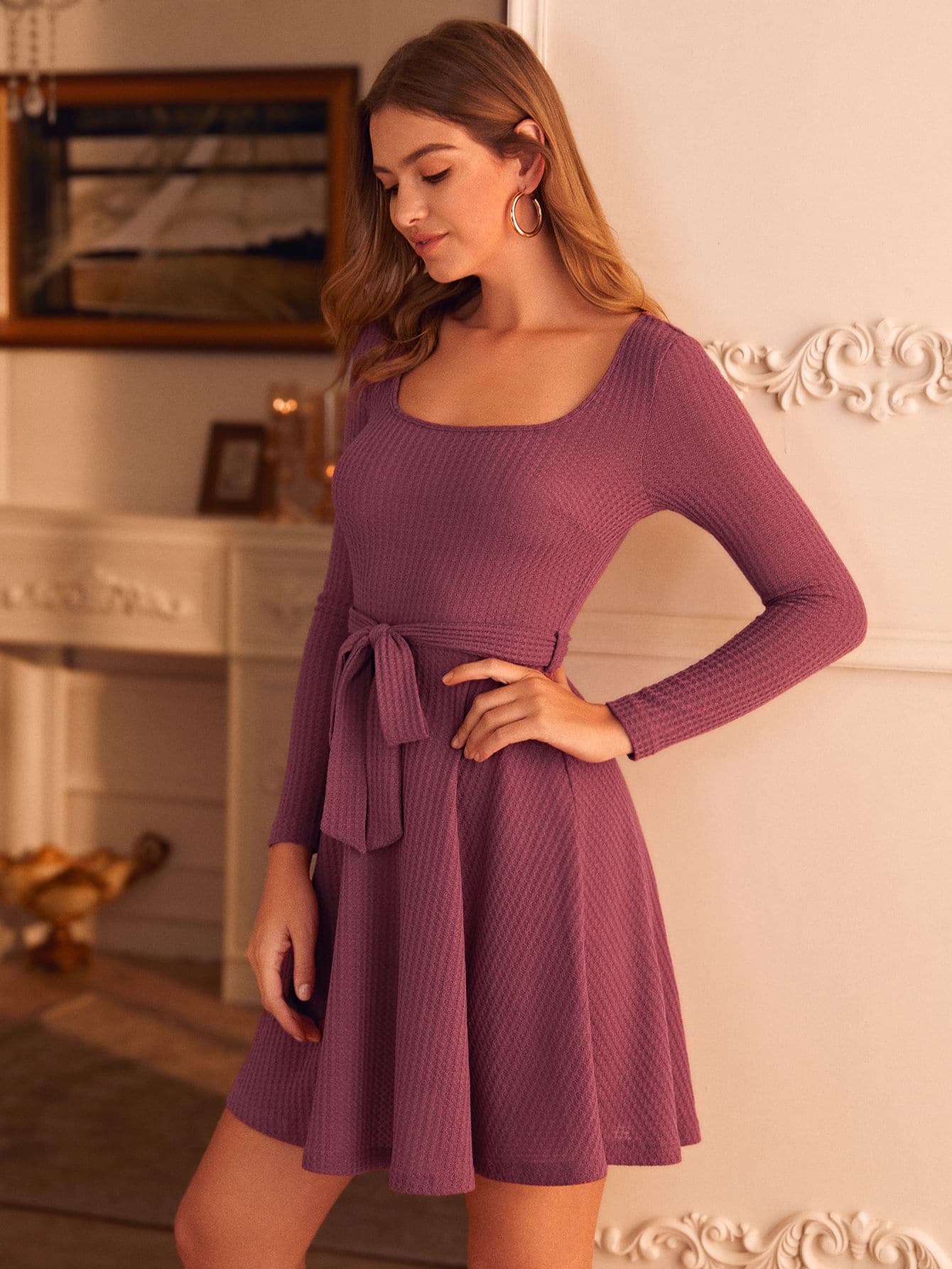 Waffle Knit Belted A-line Dress