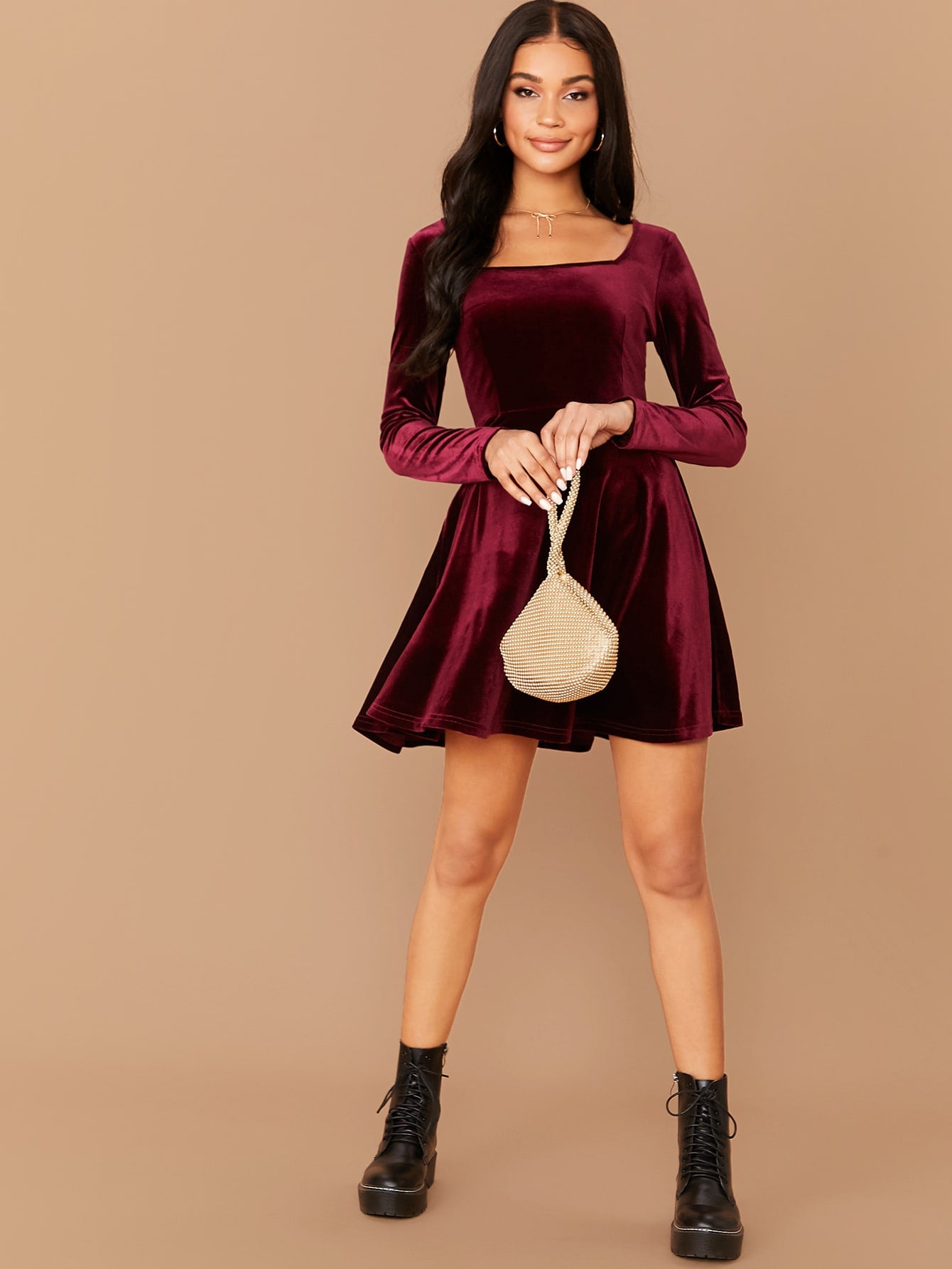 Square Neck Flared Velvet Dress