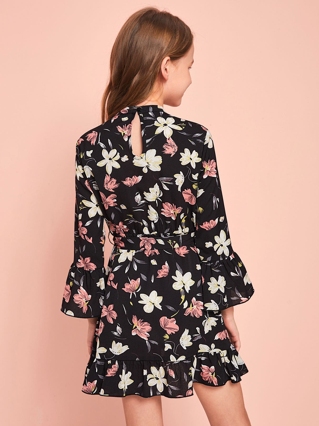 Girls Floral Print Bell Sleeve Wrap Hem Beleted Dress