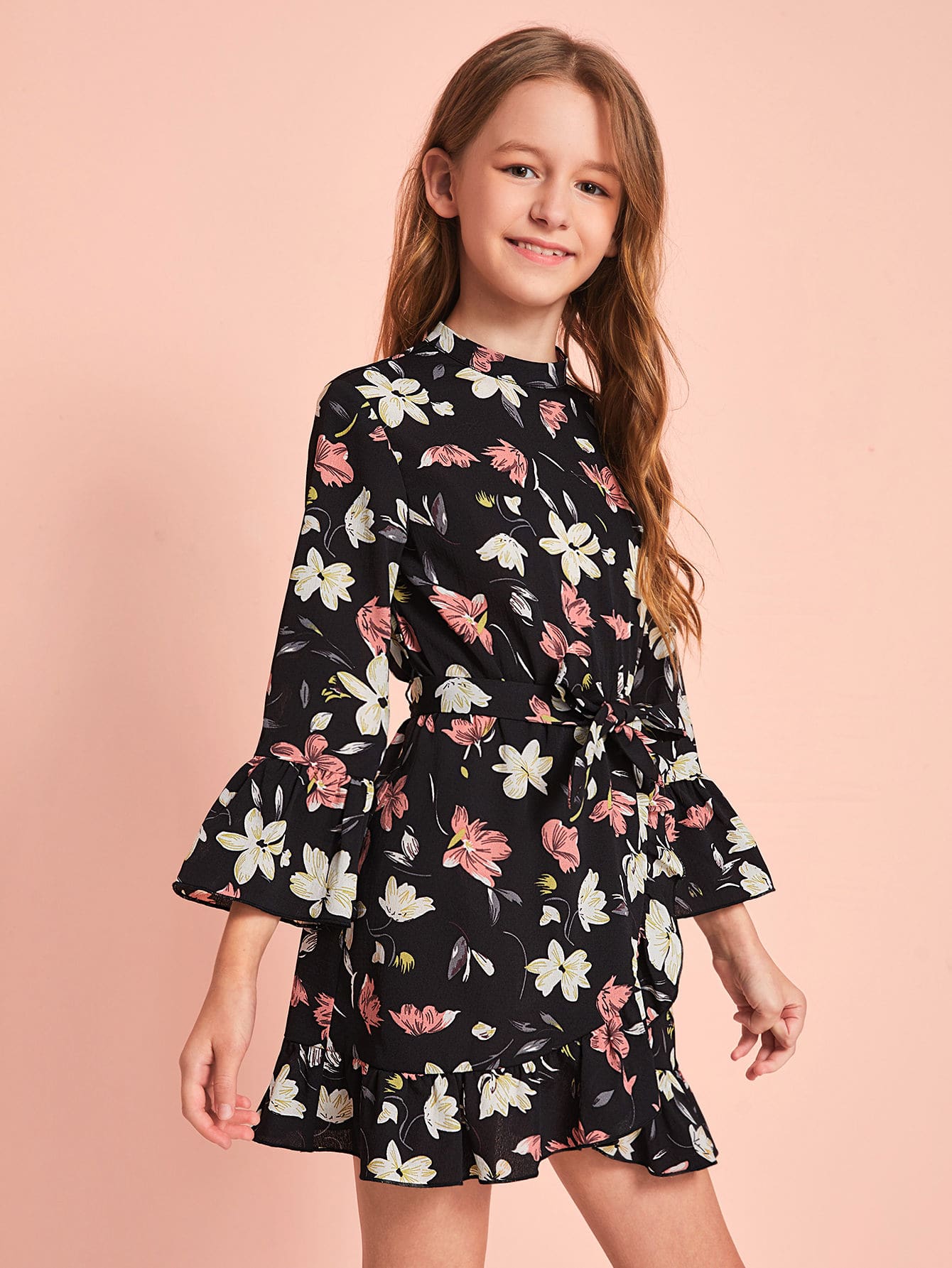 Girls Floral Print Bell Sleeve Wrap Hem Beleted Dress
