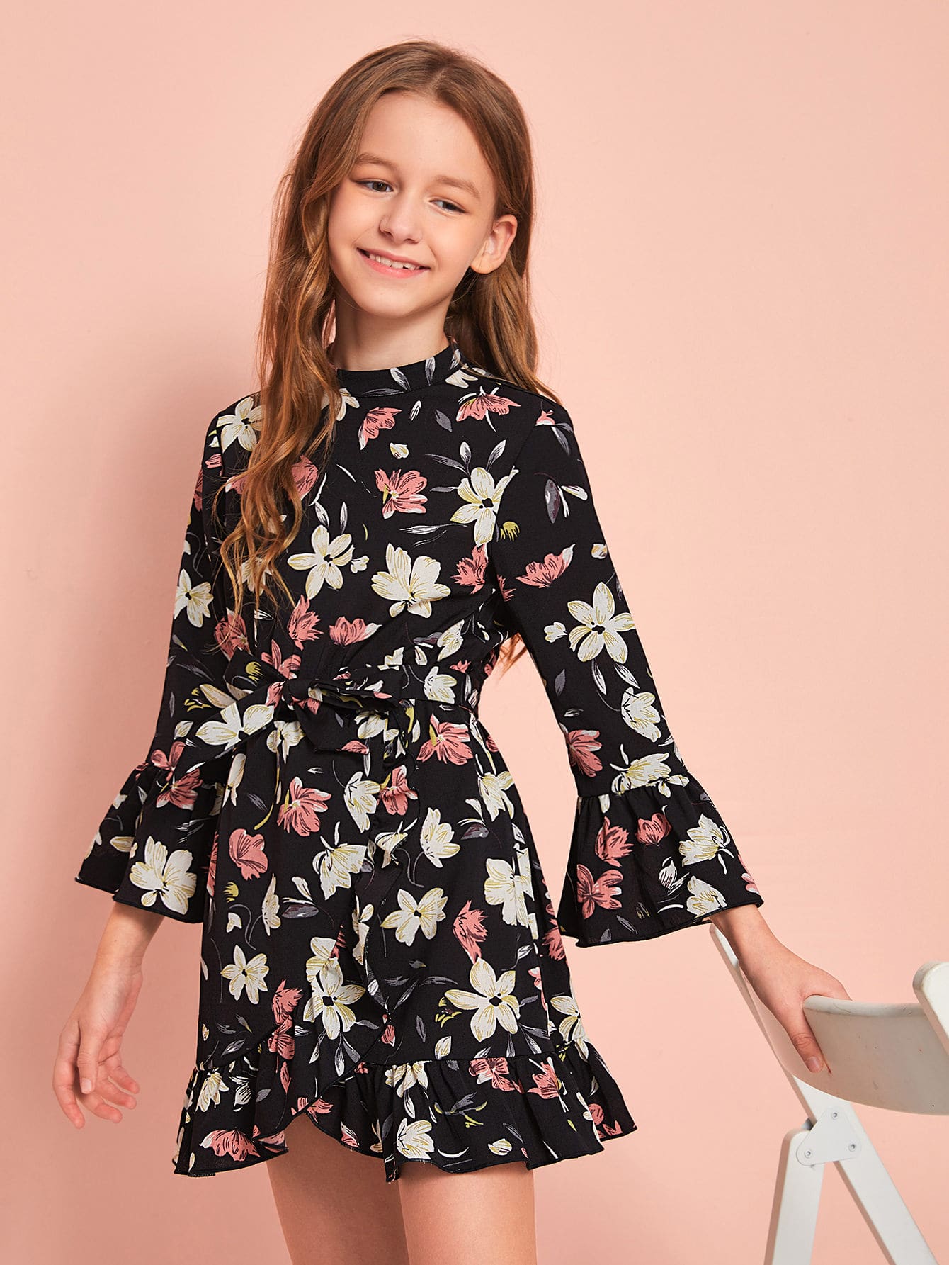 Girls Floral Print Bell Sleeve Wrap Hem Beleted Dress