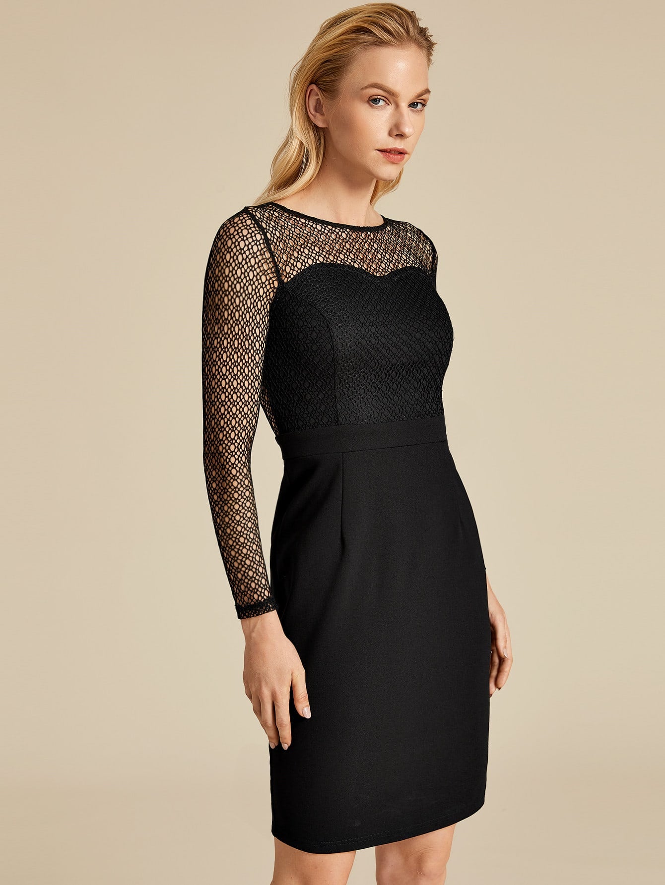 Amy's Cart Premium Mesh Overlay Split Back Pencil Dress