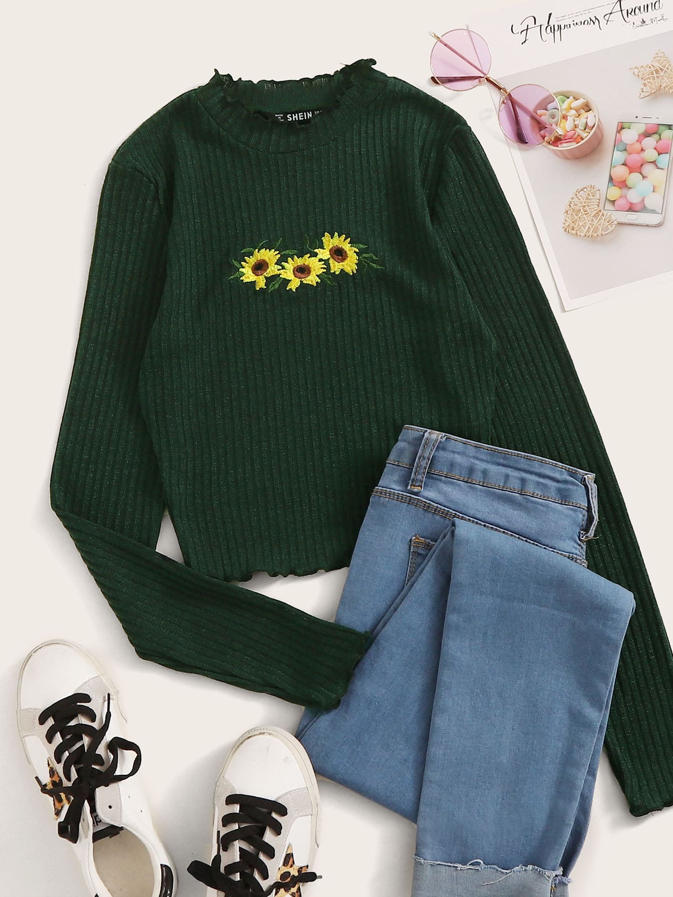 Lettuce Trim Embroidered Rib-knit Tee
