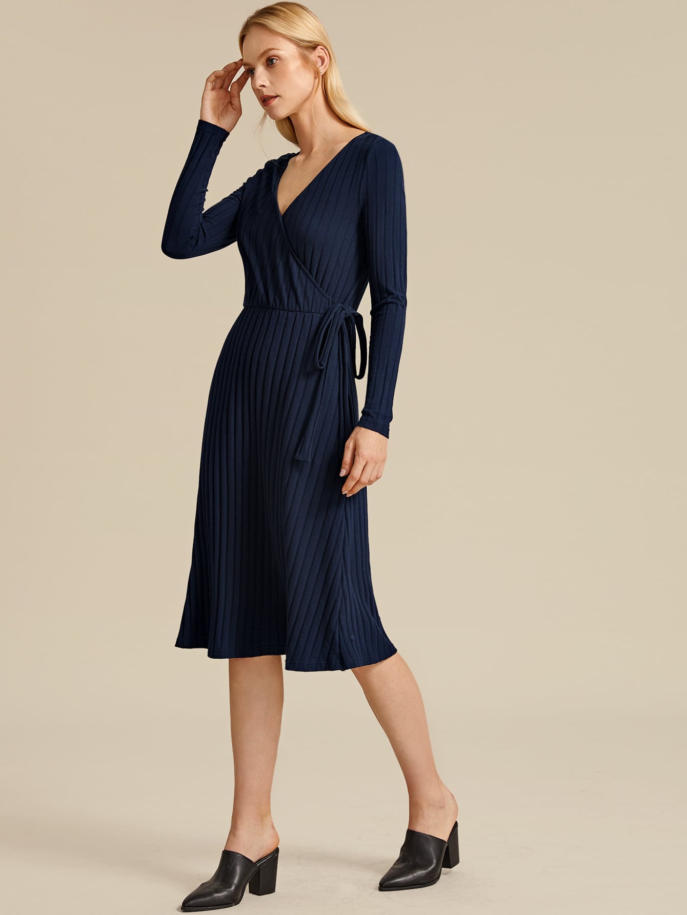 Amy's Cart Premium Surplice Neck Tie Side Rib-knit Dress