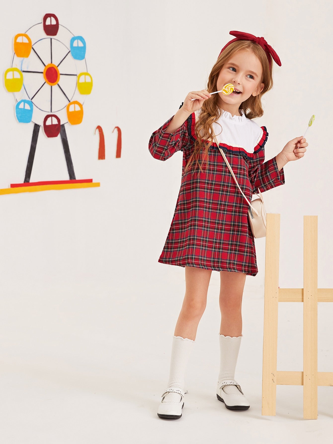 Toddler Girls Contrast Panel Frill Trim Tartan Tunic Dress