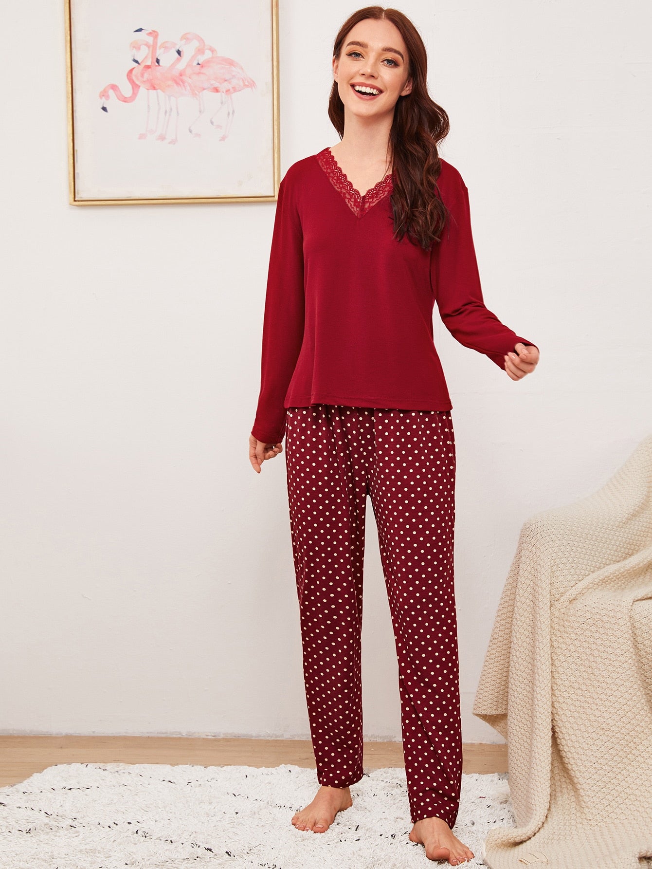 Polka Dot Contrast Lace PJ Set