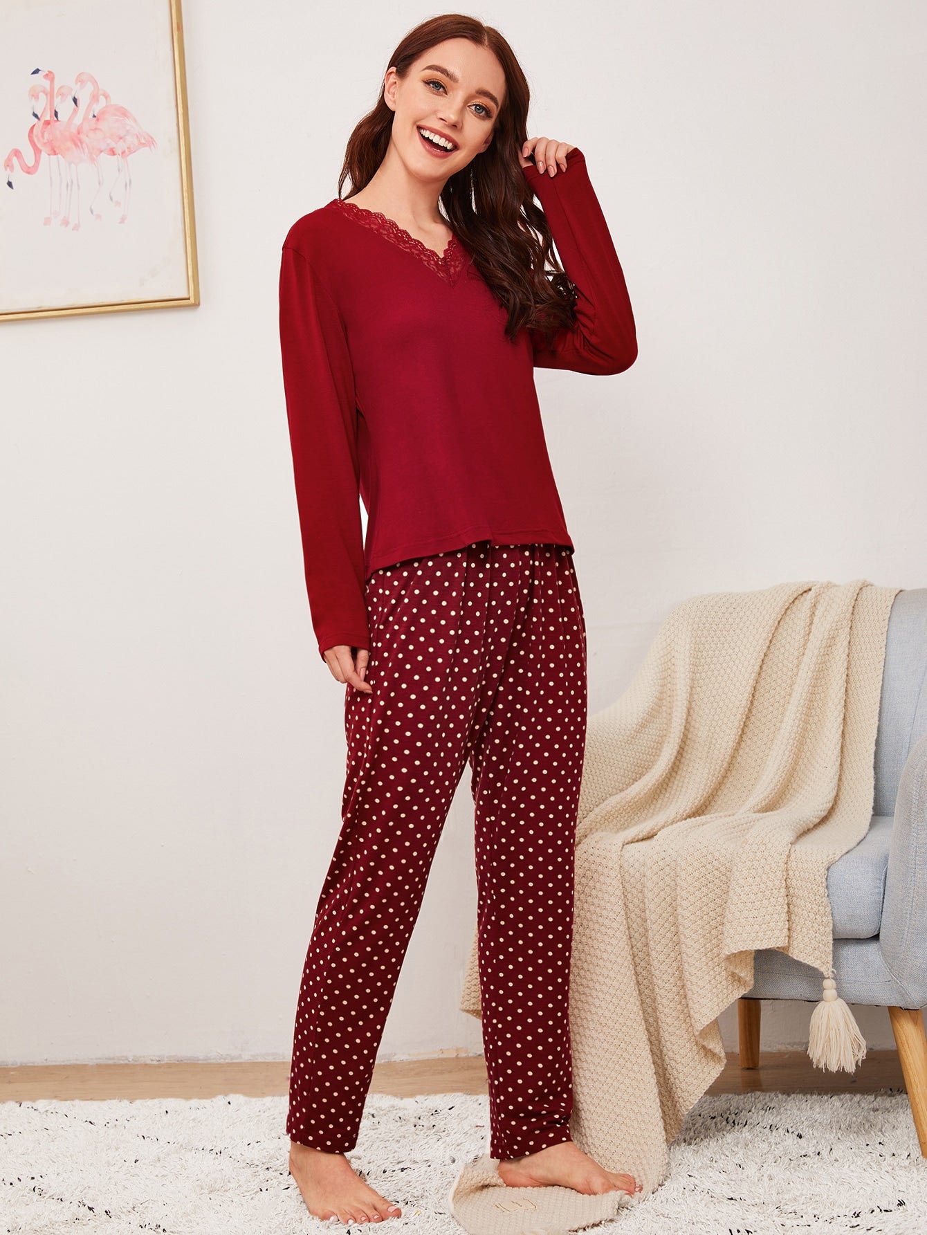 Polka Dot Contrast Lace PJ Set